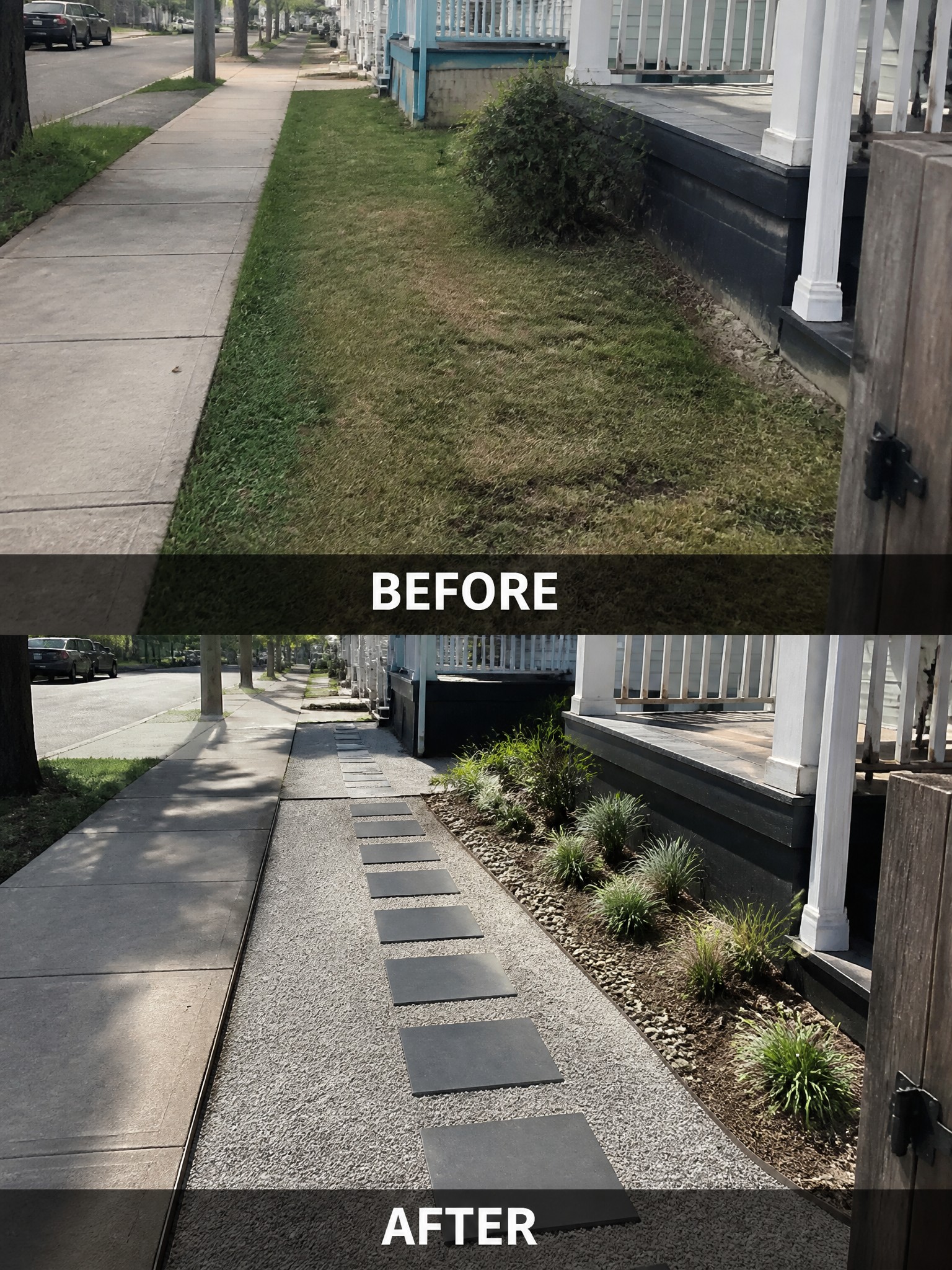 Before-and-after image of an overgrown grass strip beside a house changed into a gravel path with stepping stones and planted borders.
