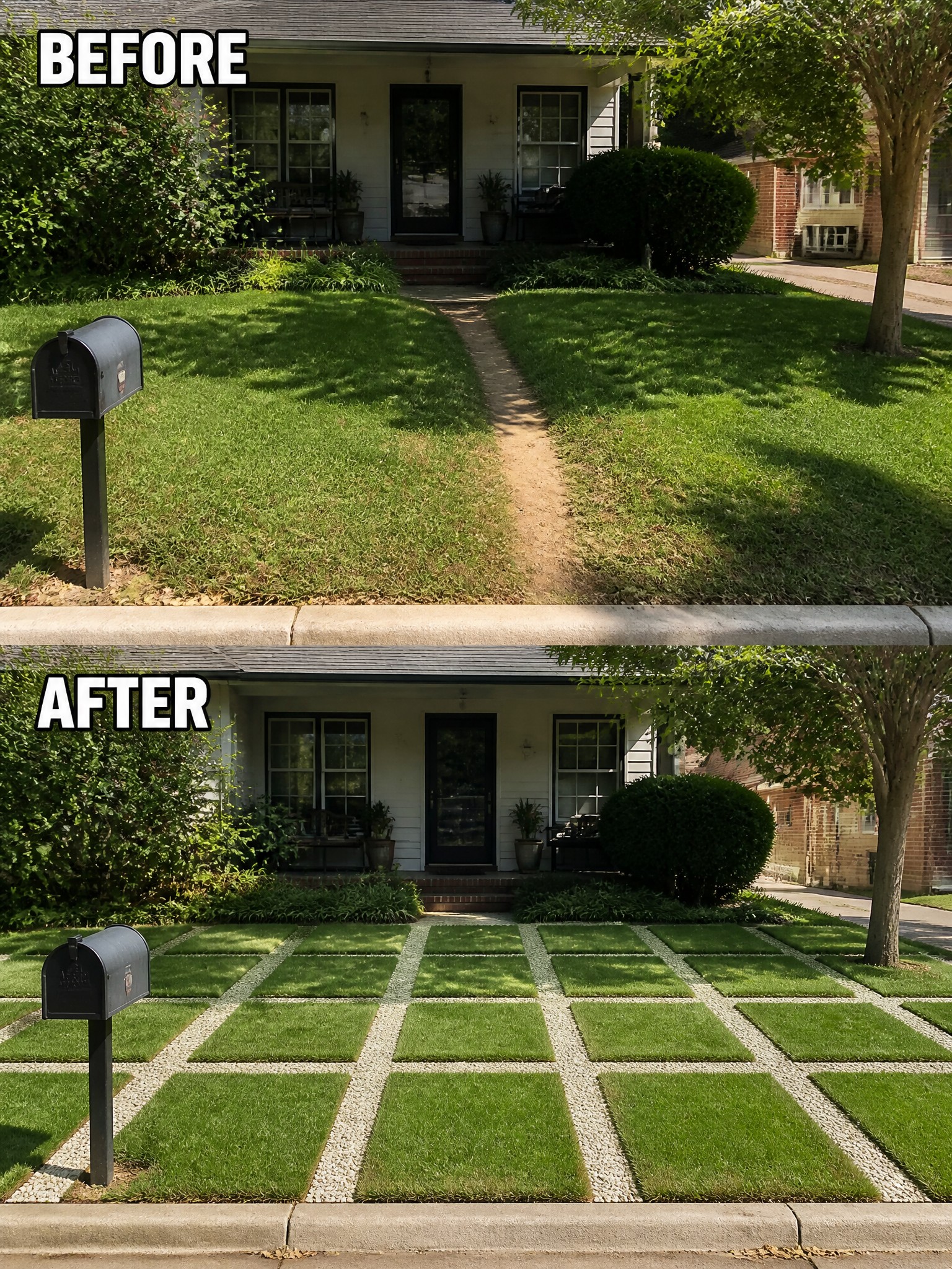 Before-and-after image of a front yard lawn changed from a plain grass area with a dirt path to a grid of square grass sections separated by gravel lines.