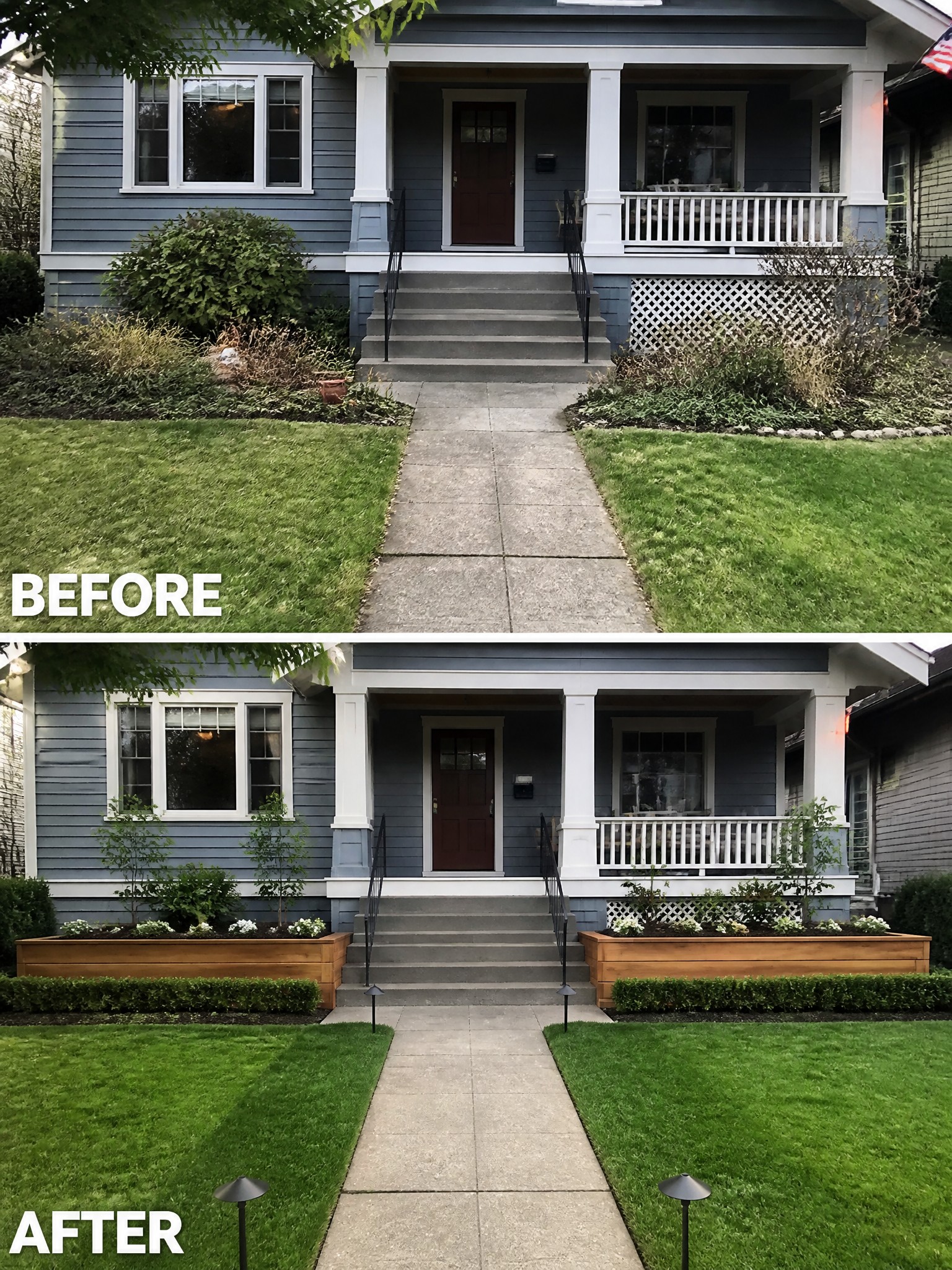 Before and after front yard with new planters, shrubs, and path lights.