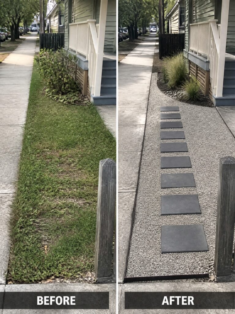 22 Modern Lawn Makeover Ideas for A Clean Outdoor Look Before-and-after image of an overgrown grass strip beside a house changed into a gravel path with stepping stones and planted borders.