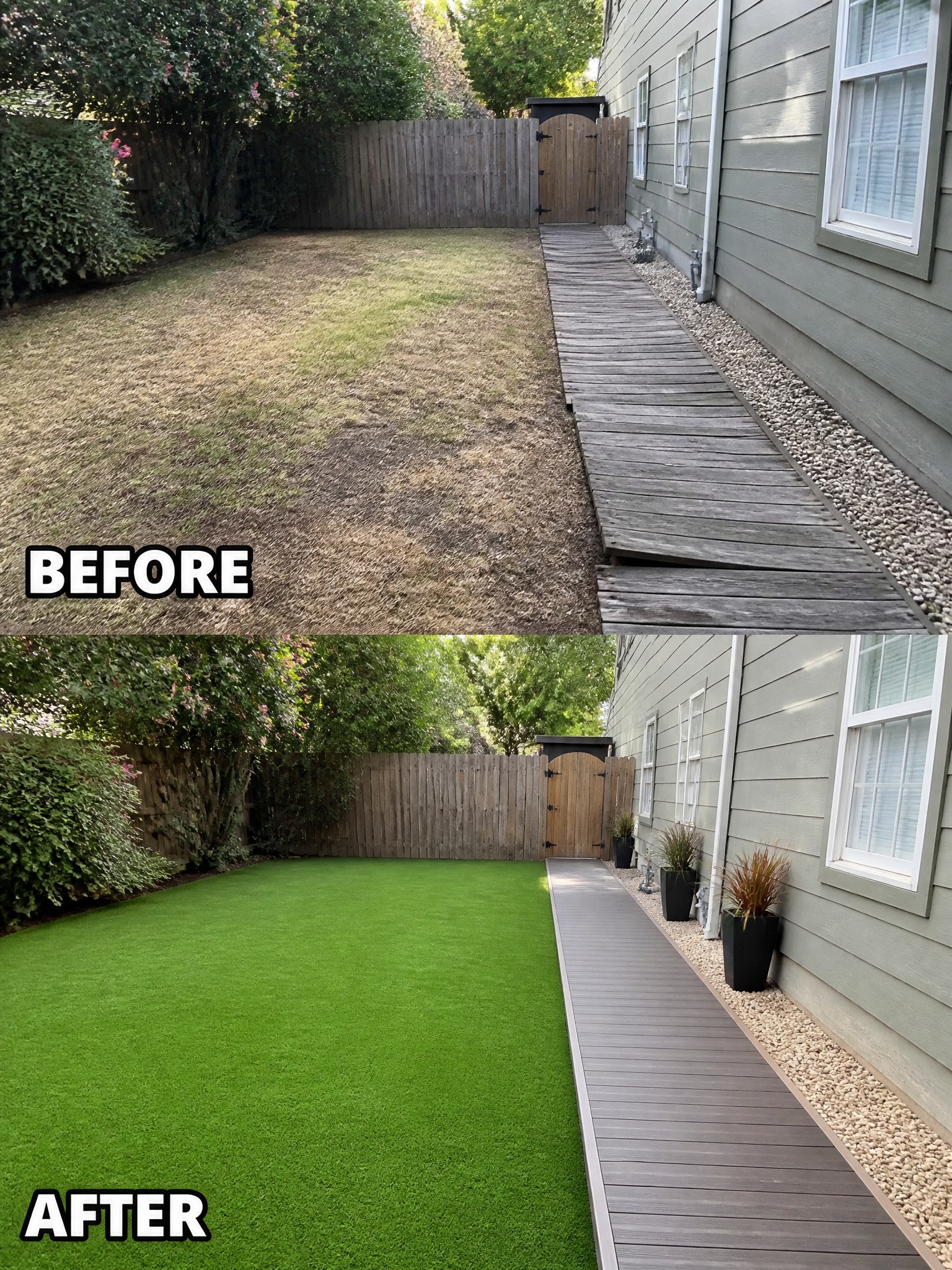 Before-and-after backyard makeover with artificial turf replacing dry grass and updated deck.