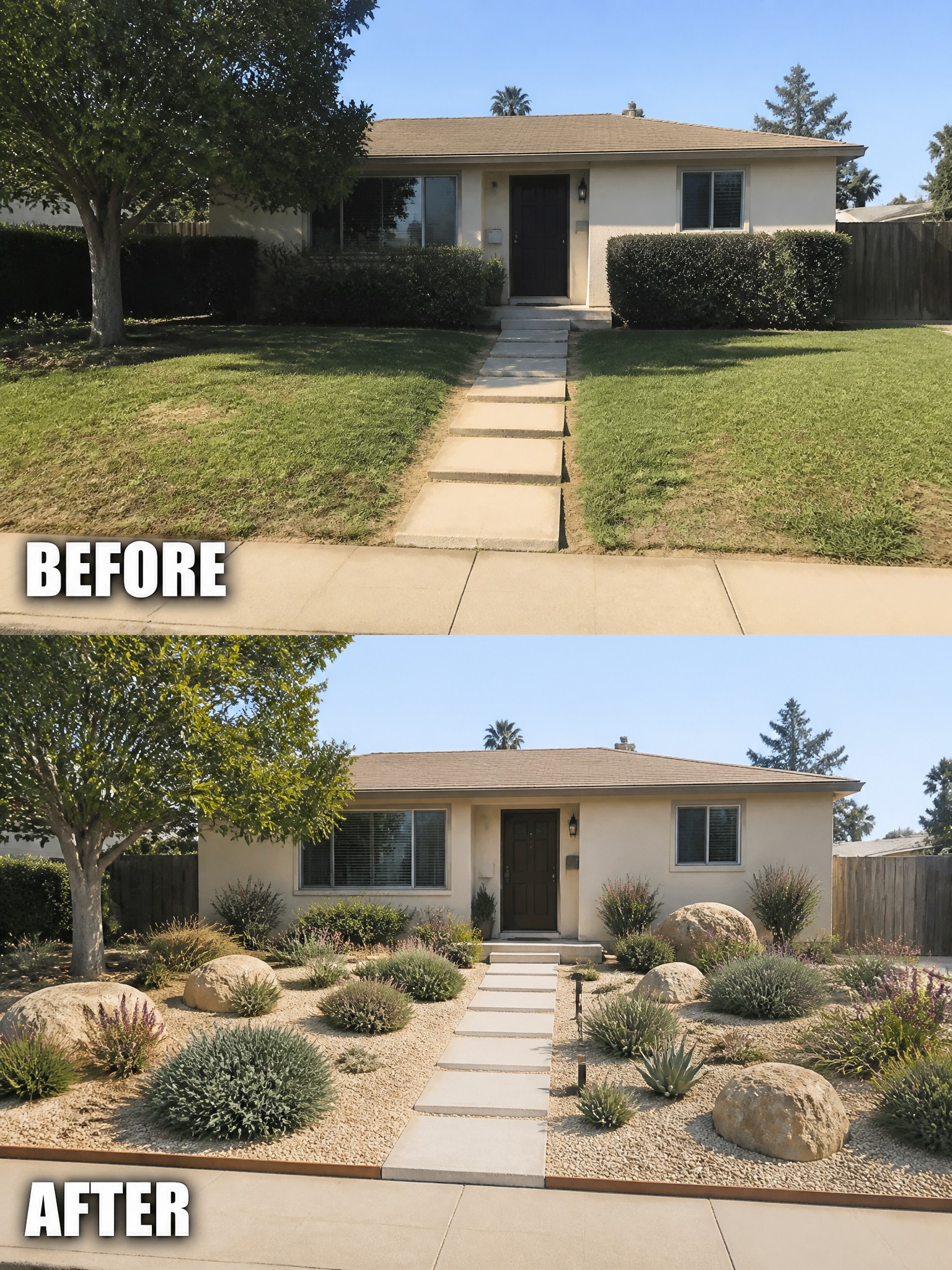 Before and after suburban house front yard transformed from lawn to rock garden.