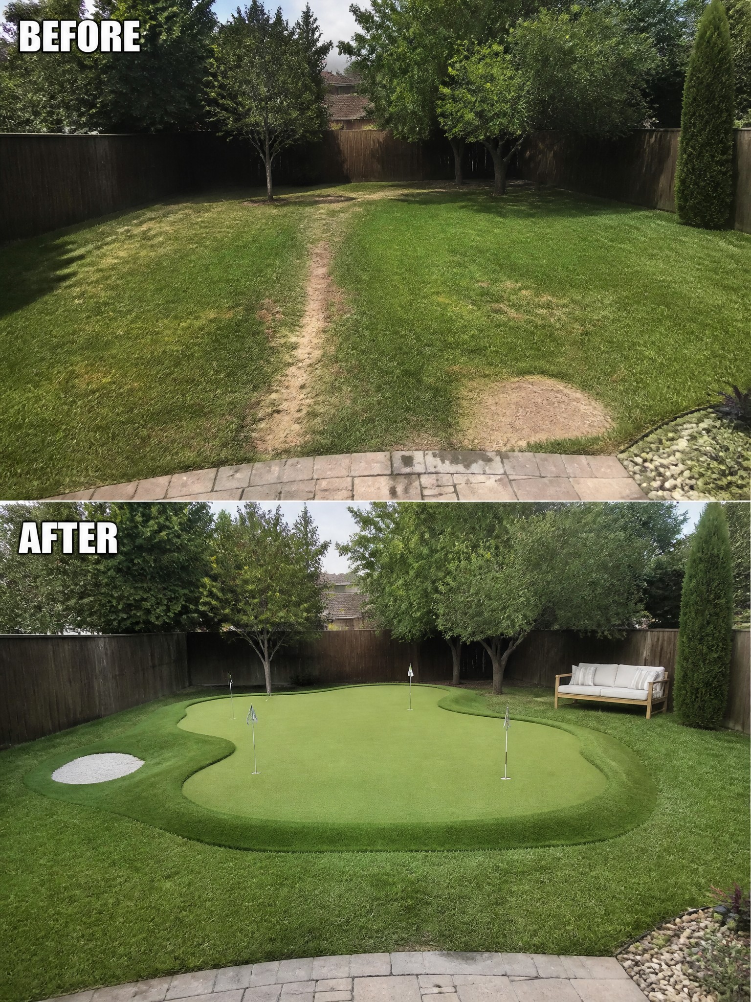 Before grassy yard and after backyard putting green with flags and sand trap.