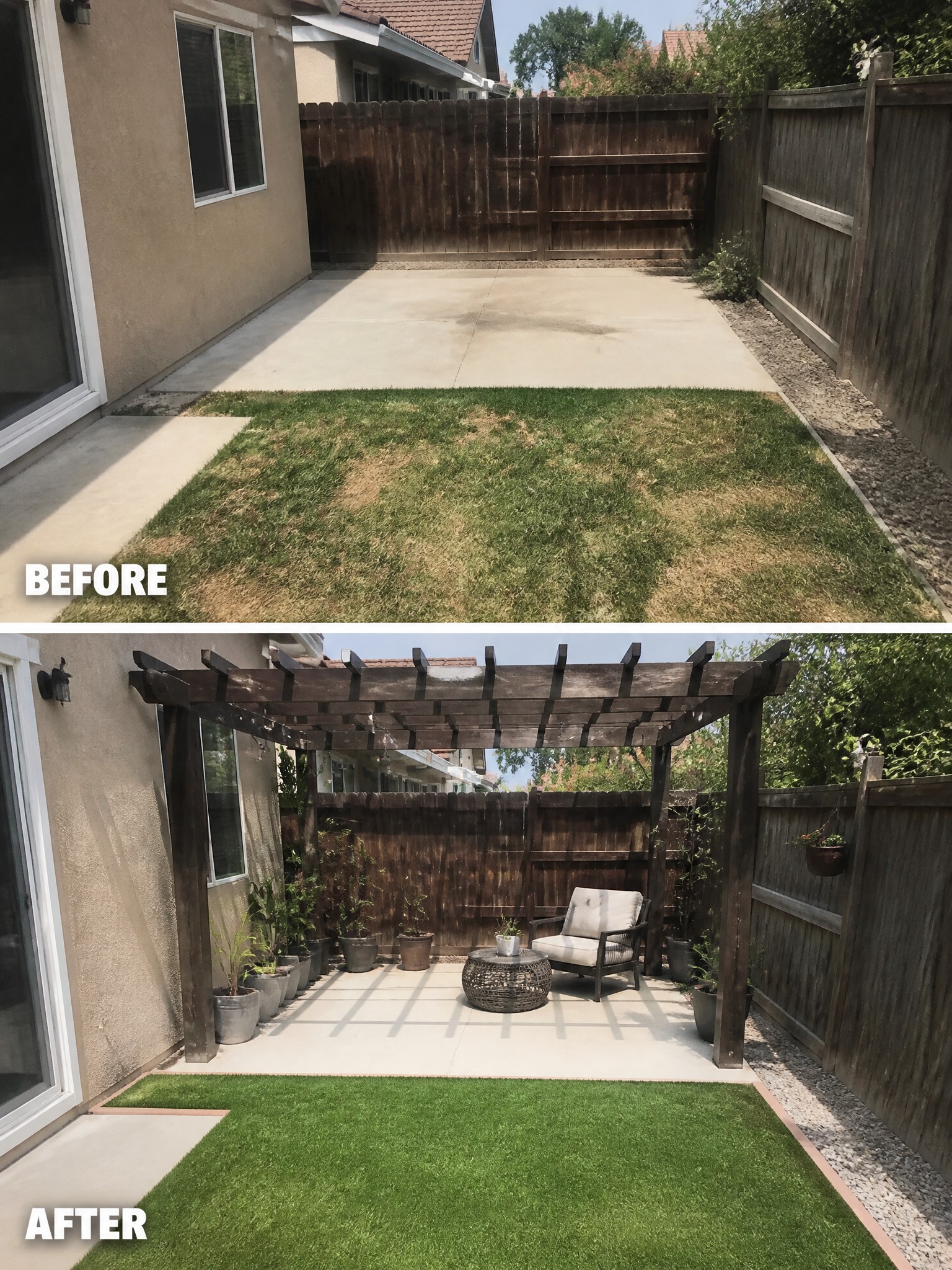 Before-and-after backyard renovation with pergola, artificial turf, and patio seating.
