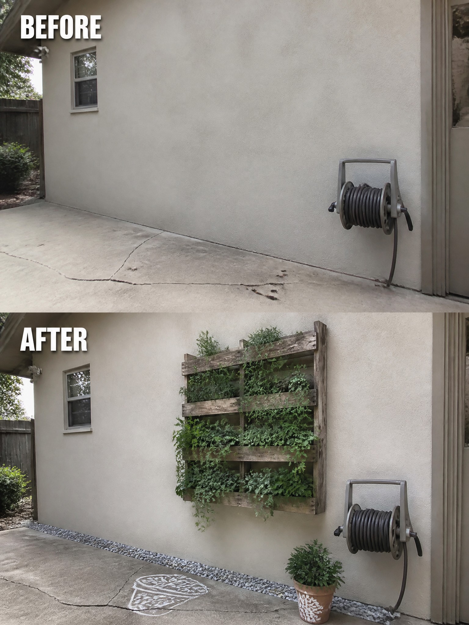 Before-and-after image of a plain house exterior wall updated with a wooden vertical planter filled with greenery and a potted plant at the base.