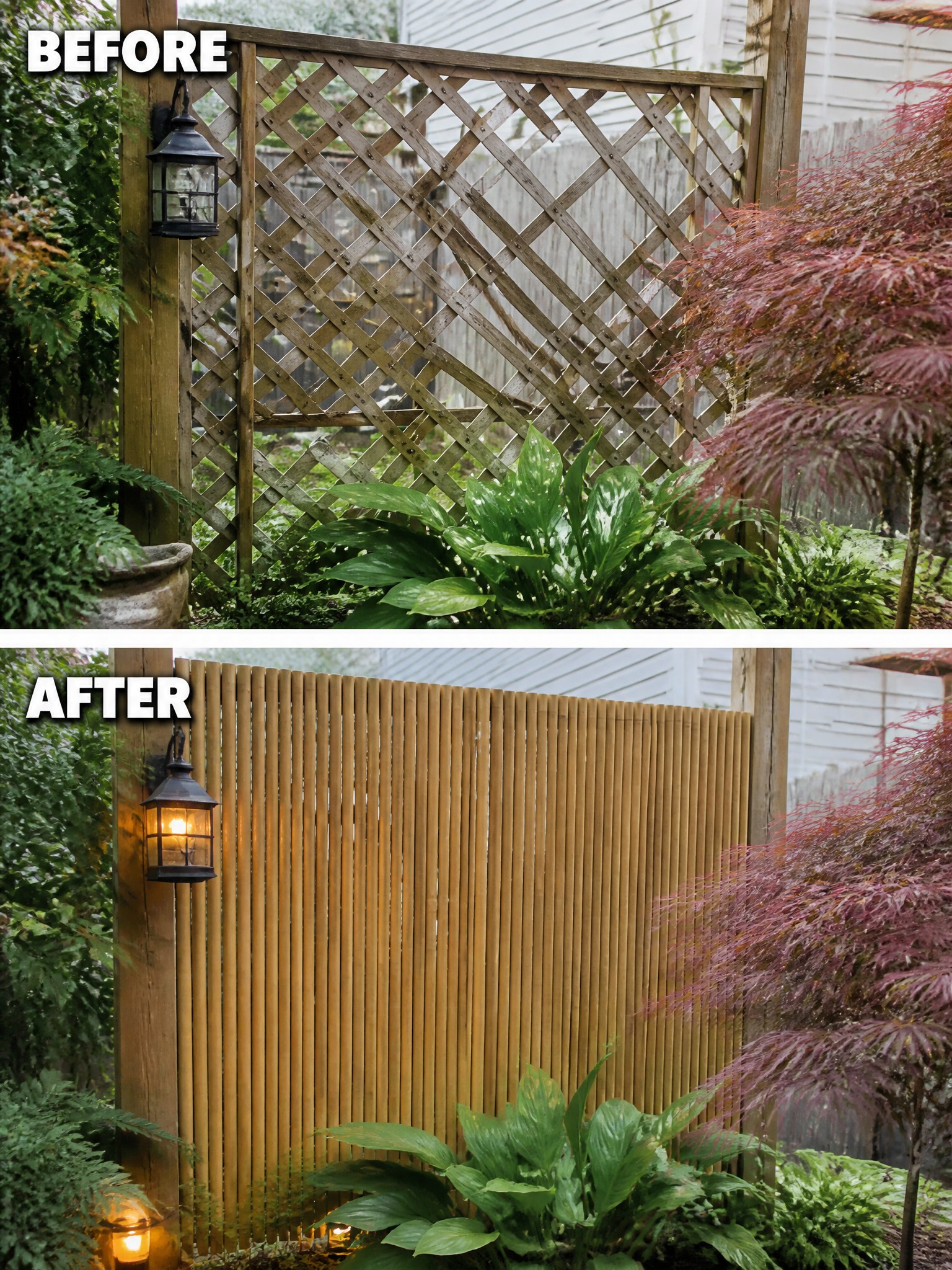 Before and after of garden fence: lattice replaced by vertical bamboo screen with lantern and plants