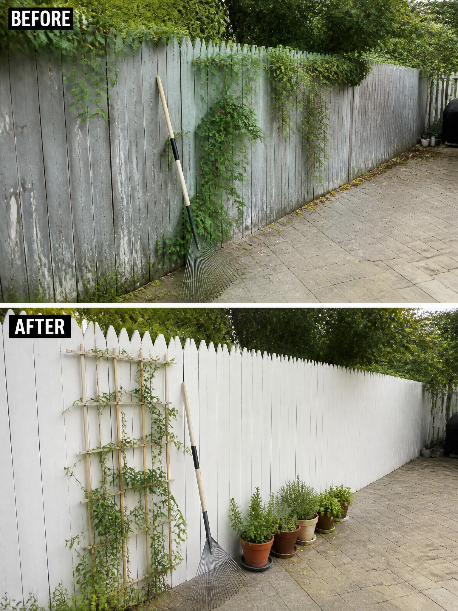 Before-and-after image of an overgrown fence line cleaned up with a fresh white fence, a wooden trellis supporting vines, and potted plants placed along the base.