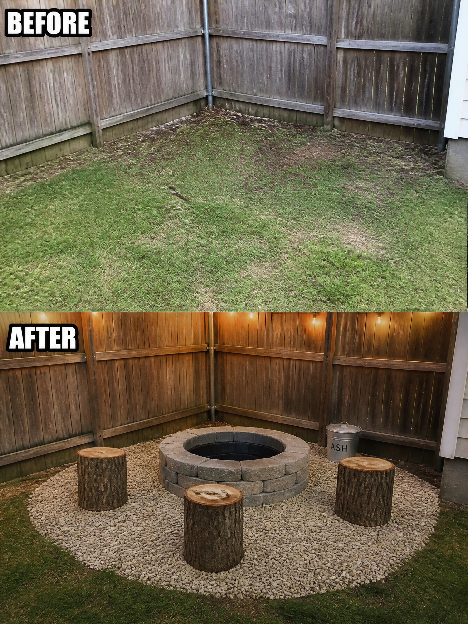 Before grassy yard and after with stone fire pit, log stools, and string lights.