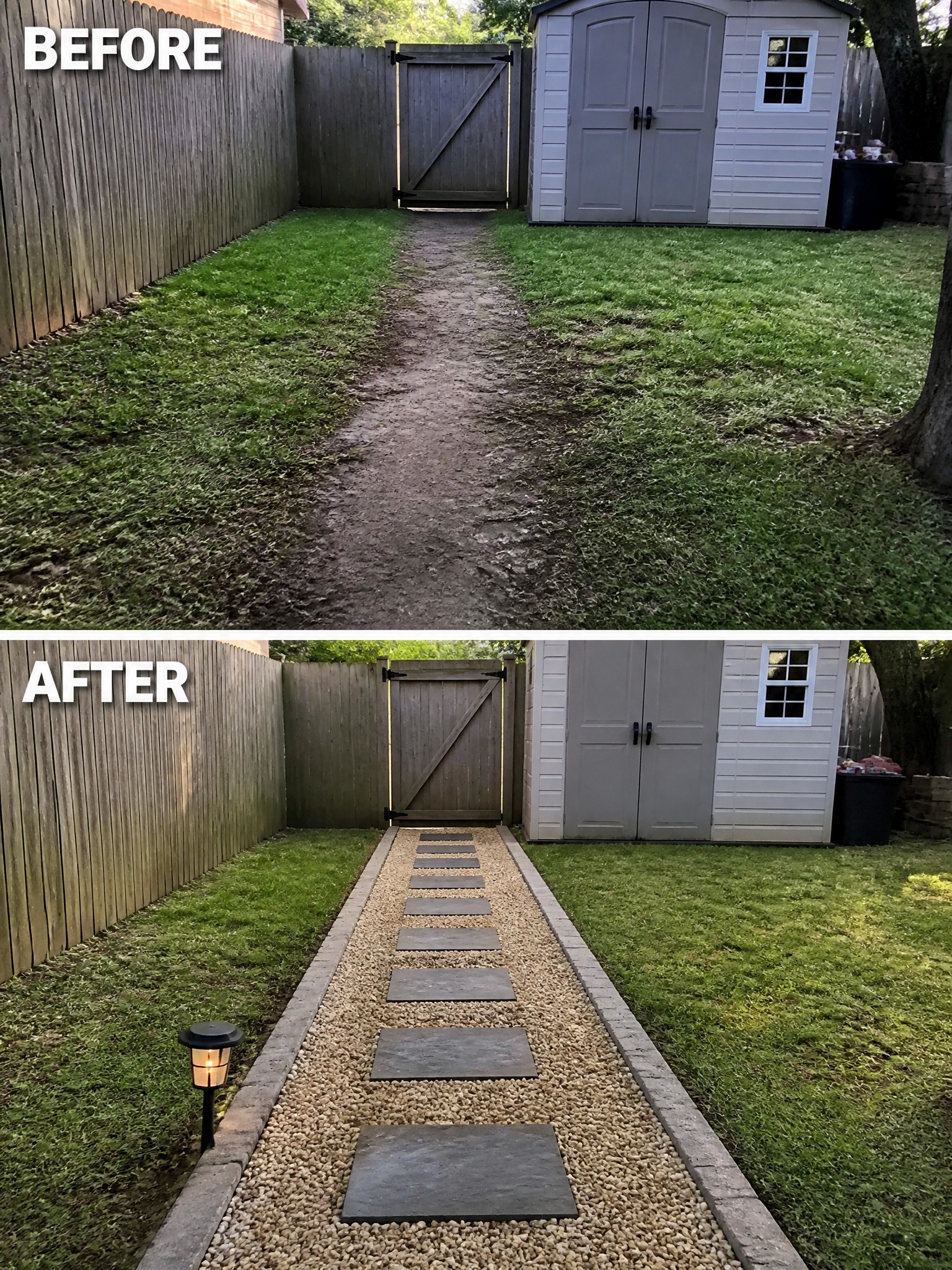 Before and after of backyard path transformed from dirt trail to gravel with pavers.