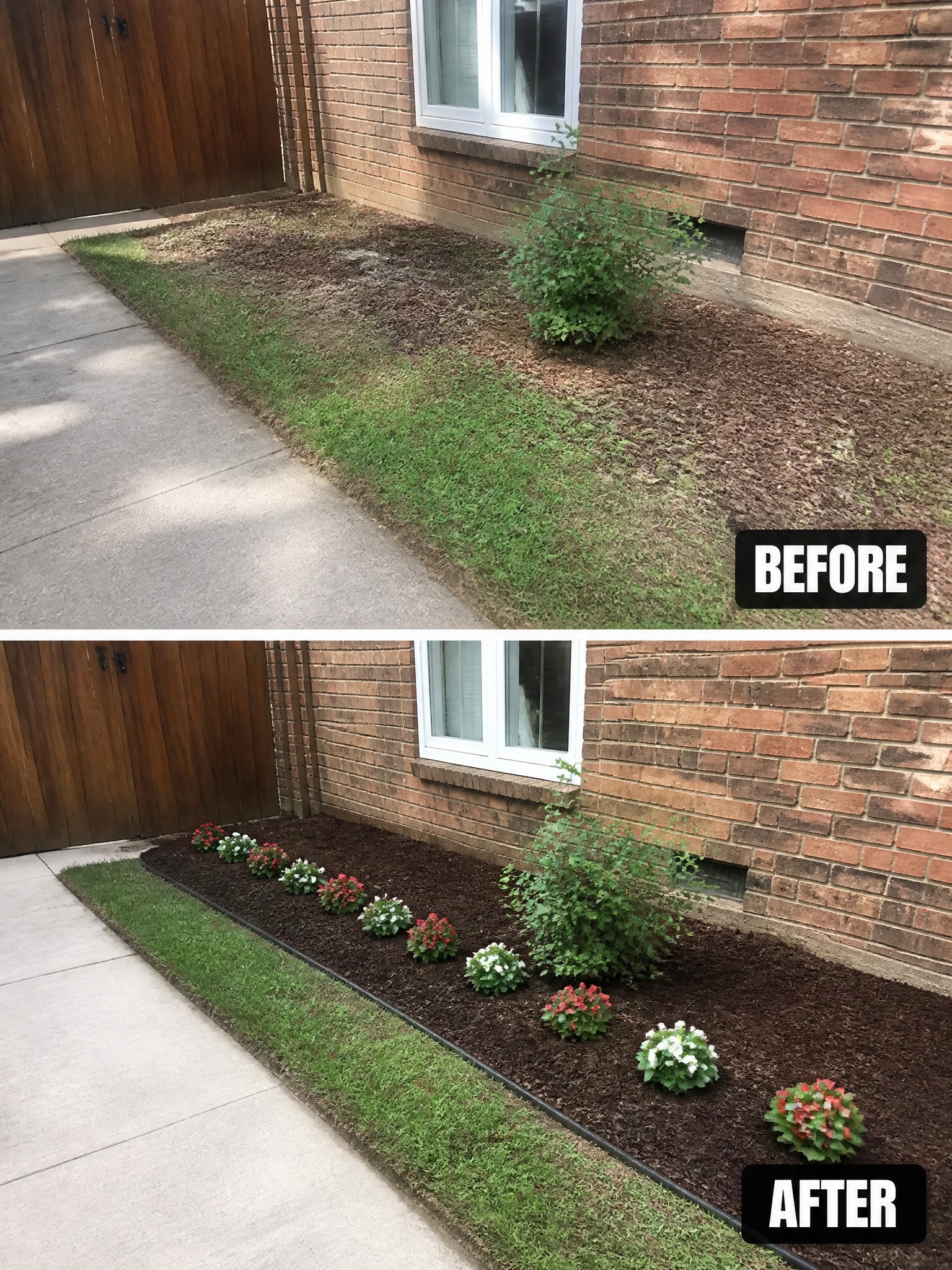 Before-and-after image of a weedy strip along a brick house turned into a mulched garden bed with rows of flowers.