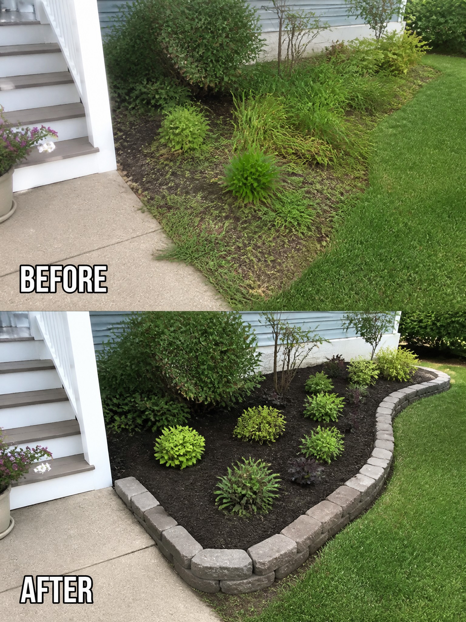 Before-and-after image of an overgrown garden bed next to house stairs changed into a neat mulched bed with stone edging.