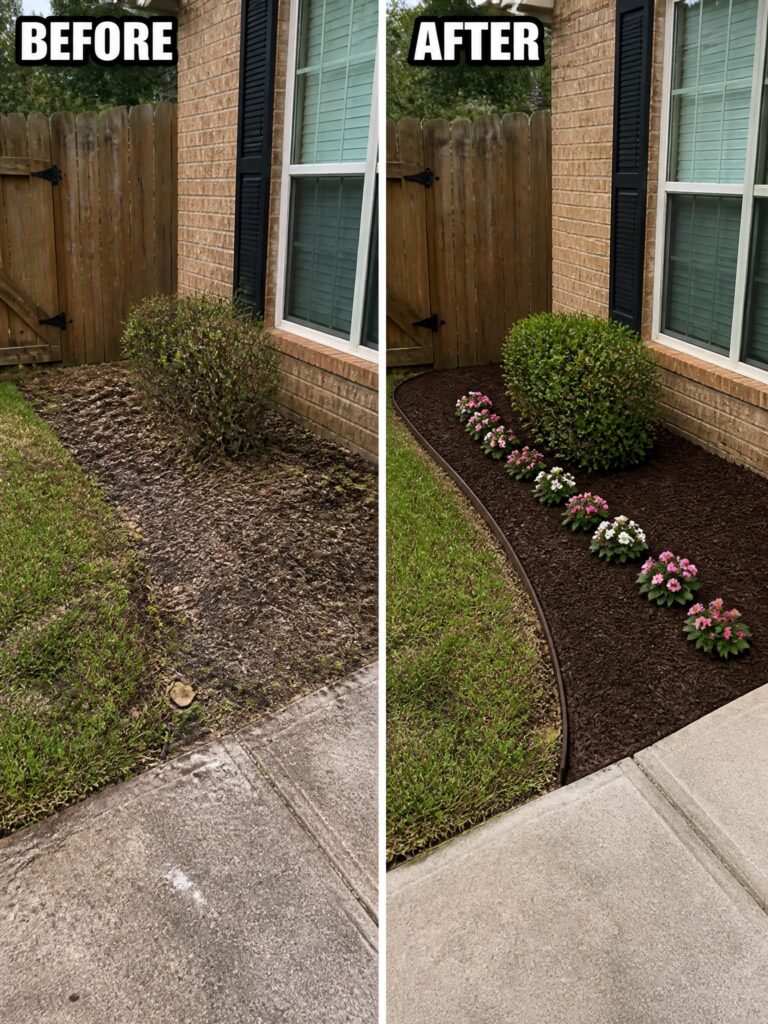 22 Smart Cheap Garden Remodel Ideas for A Weekend Refresh Before-and-after image of a weedy strip along a brick house turned into a mulched garden bed with rows of flowers.
