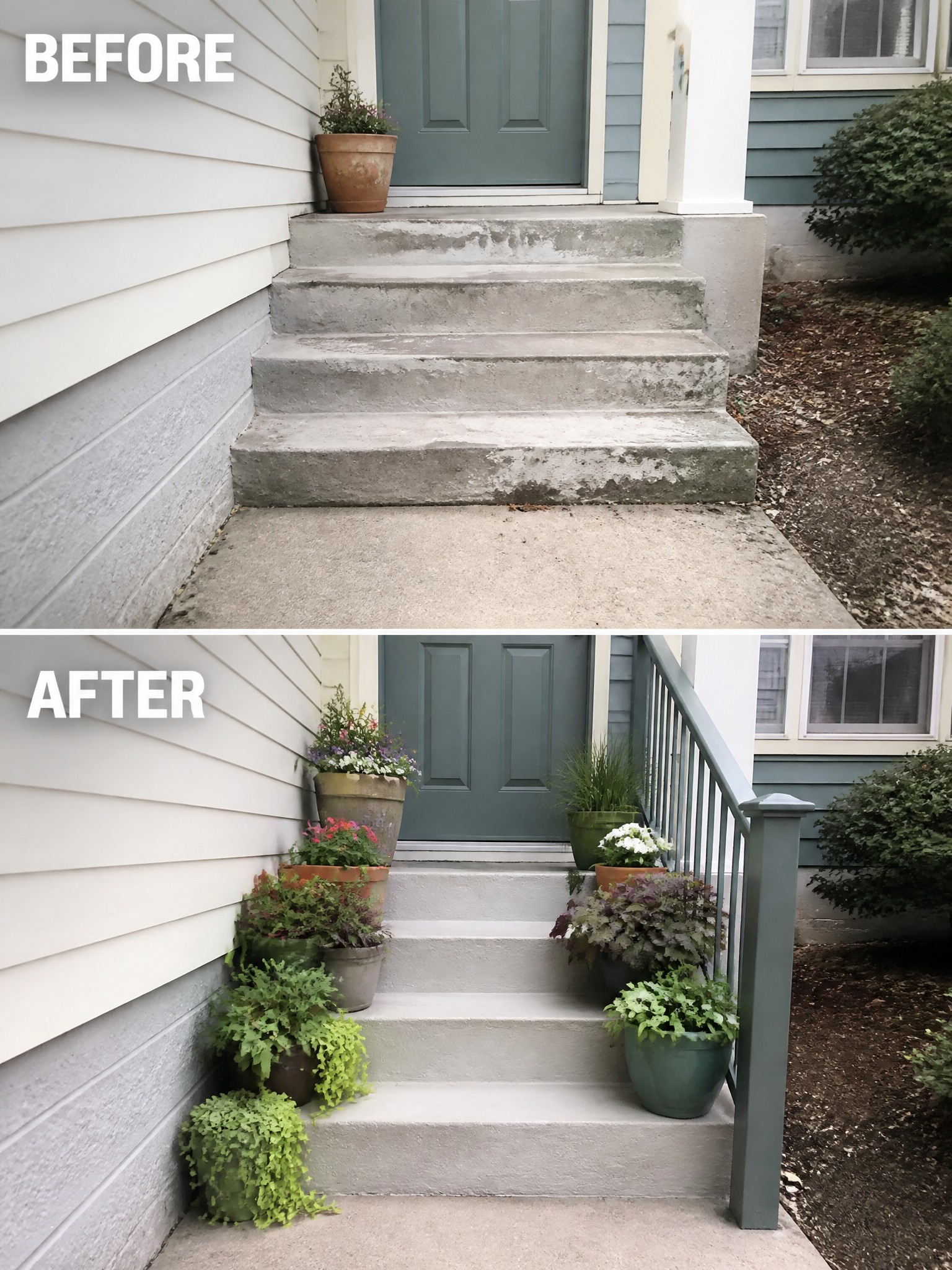 Before-and-after image of concrete front steps updated with groups of potted plants on both sides and a new handrail.