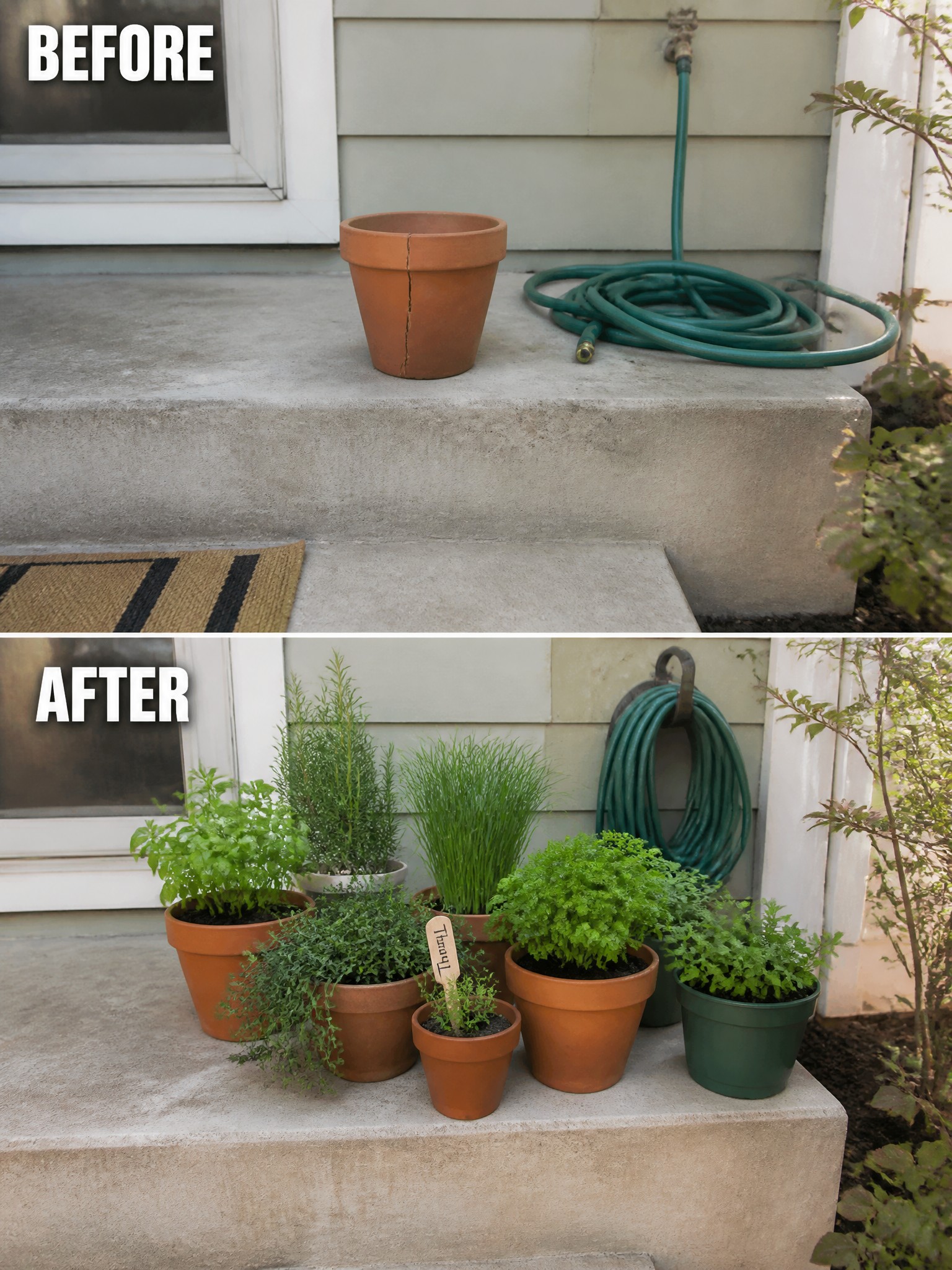 Before and after of herb-filled pots on concrete steps beside coiled hose.
