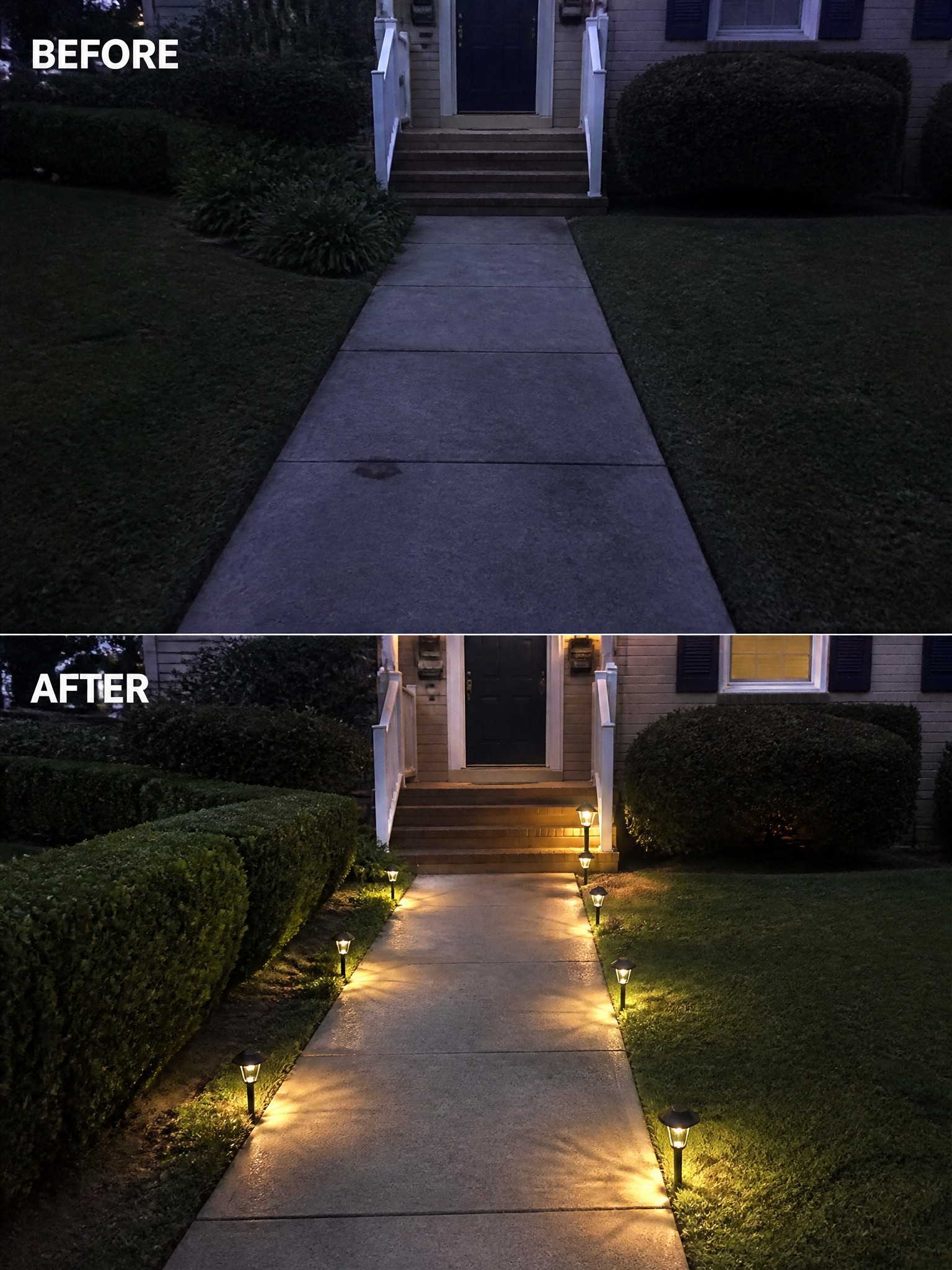 Before-and-after image of a dark front walkway updated with rows of path lights along both sides.