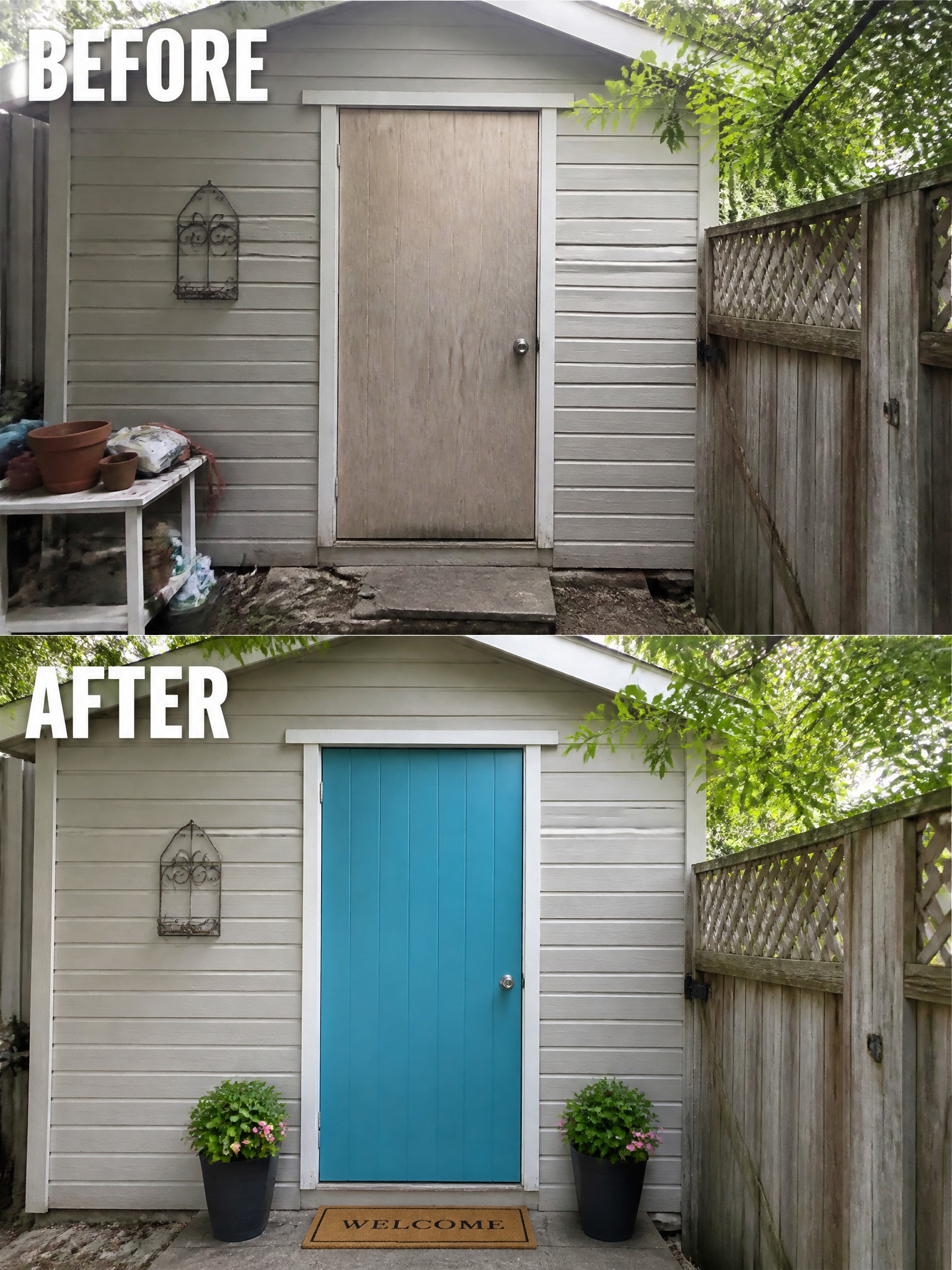 Before and after of shed door painted turquoise, with potted plants and welcome mat added.