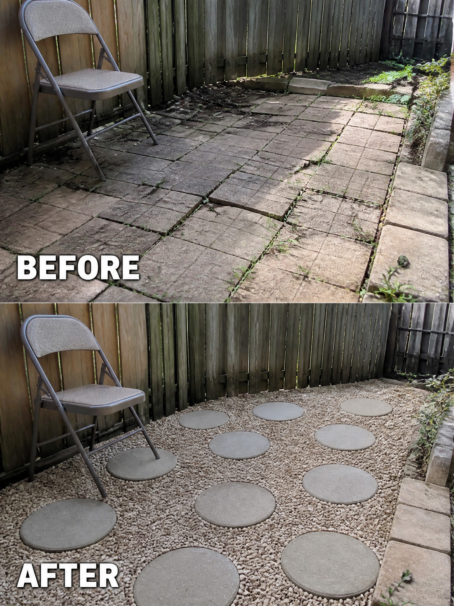 Before and after patio transformed from cracked pavers to gravel with round stepping stones