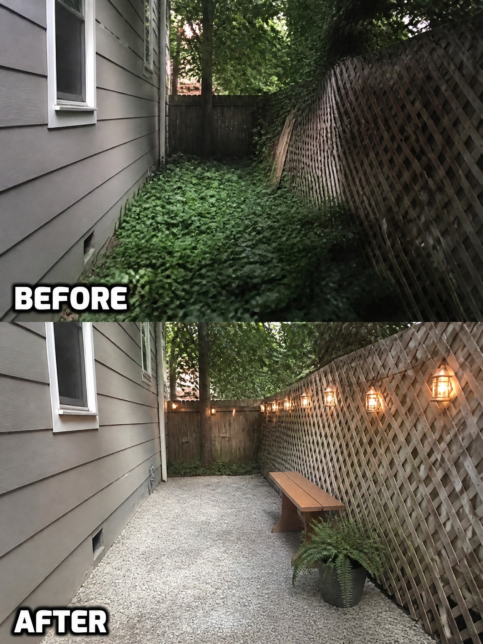 Before-and-after of overgrown ivy yard transformed into gravel patio with bench and lights