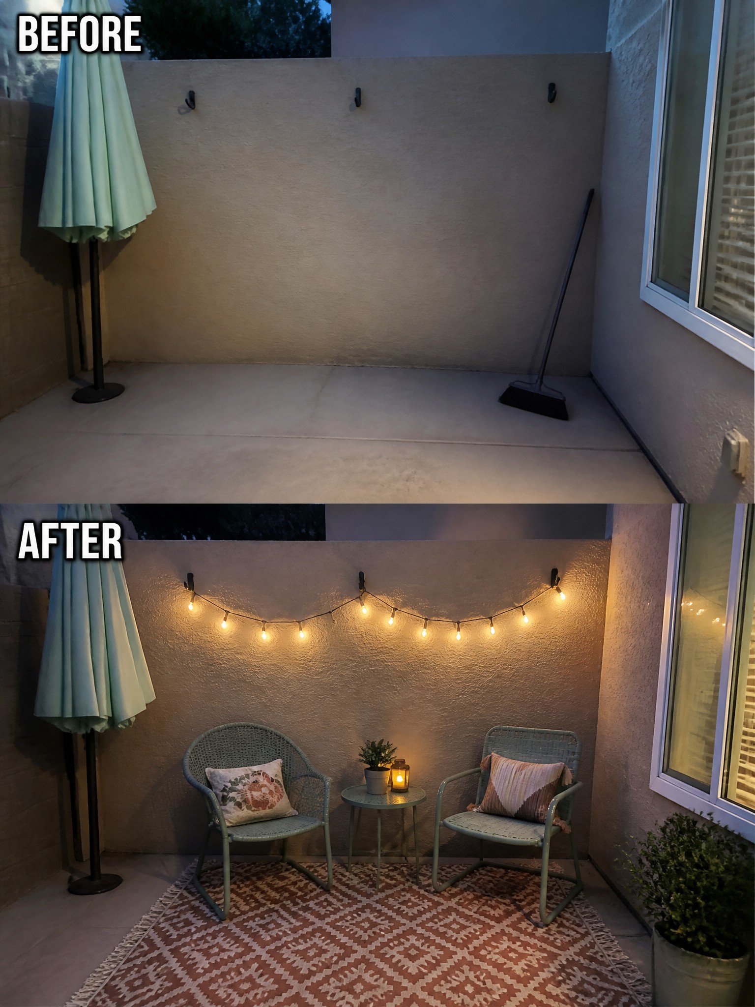 Before and after patio with string lights, chairs, rug, table and umbrella.