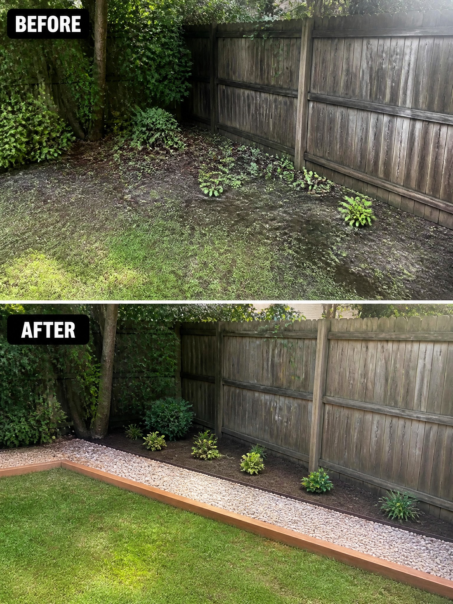 Before-and-after image of an overgrown yard along a wooden fence changed into a neat garden bed with wooden edging, gravel, and spaced shrubs.