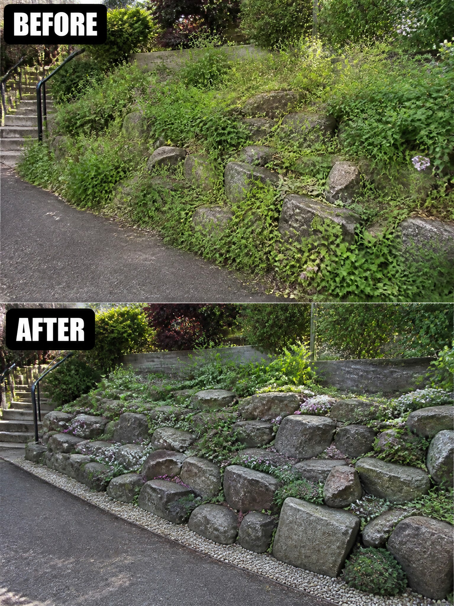 Before-and-after image of an overgrown stone retaining wall changed into a cleaner version with gravel edging and trimmed planting.