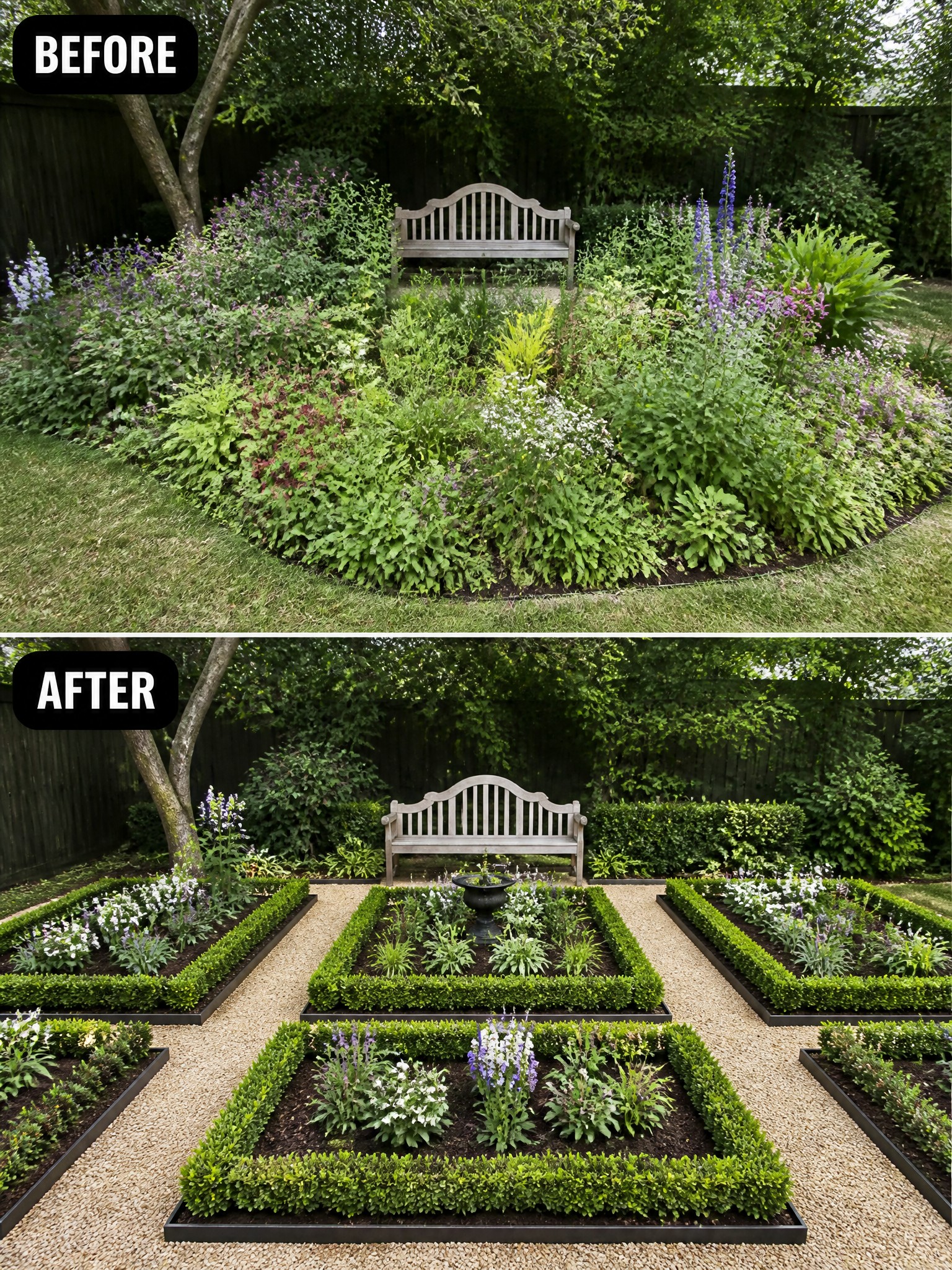 Before-and-after image of an overgrown garden changed into structured raised beds with gravel paths and a central bench.