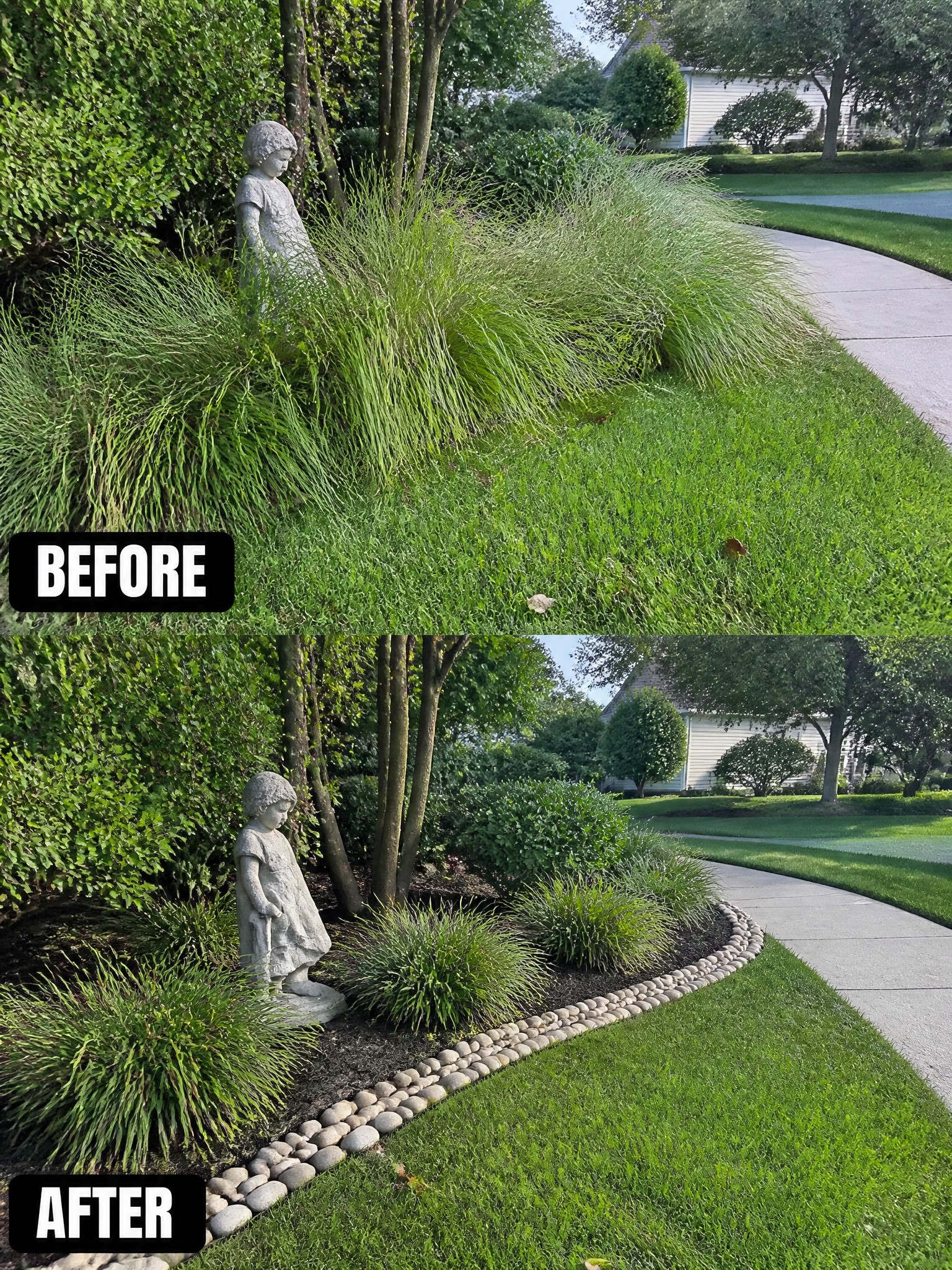 Before-and-after landscaping of garden with stone girl statue and rock border.