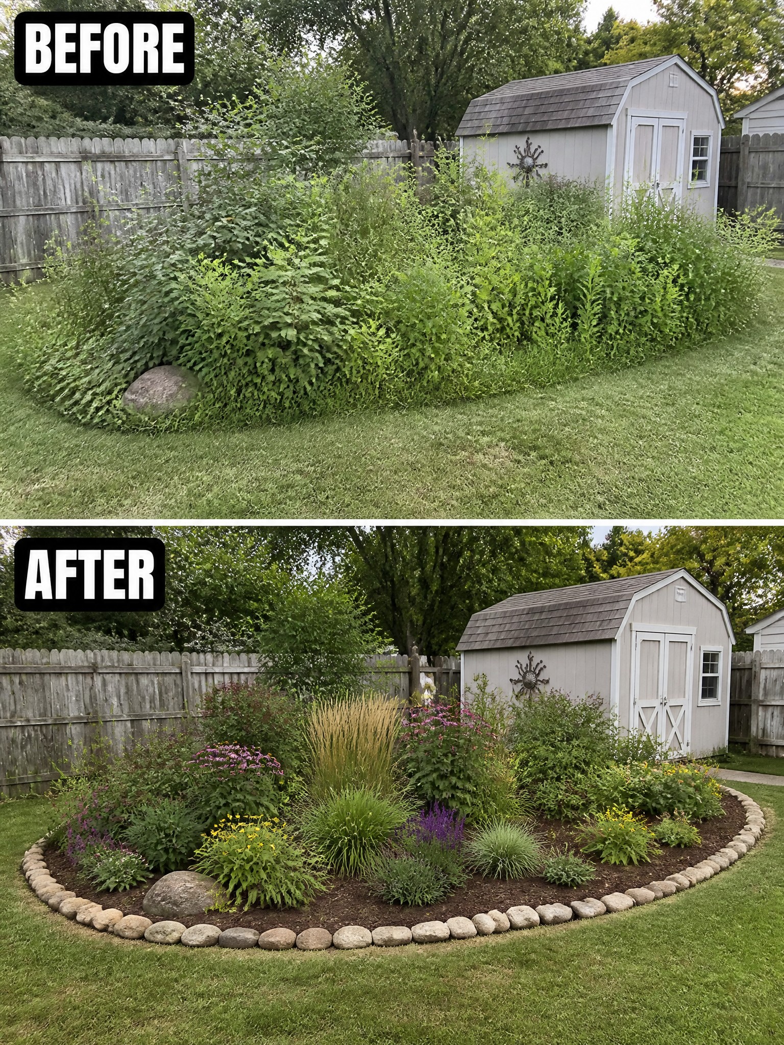 Before overgrown bushes and after vibrant flower garden bordering a backyard shed.
