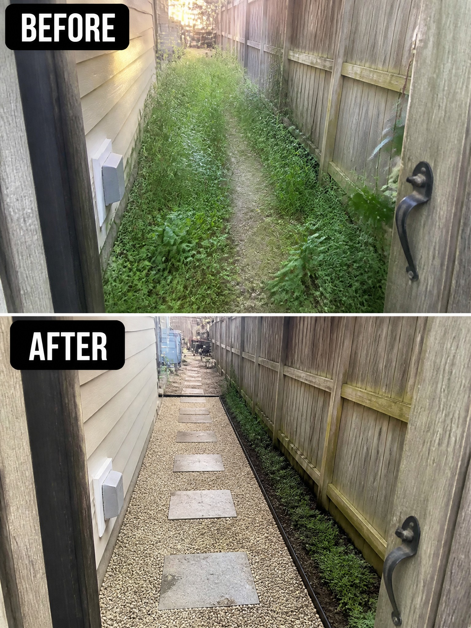 Before-after narrow yard path: overgrown weeds to gravel with stone pavers.