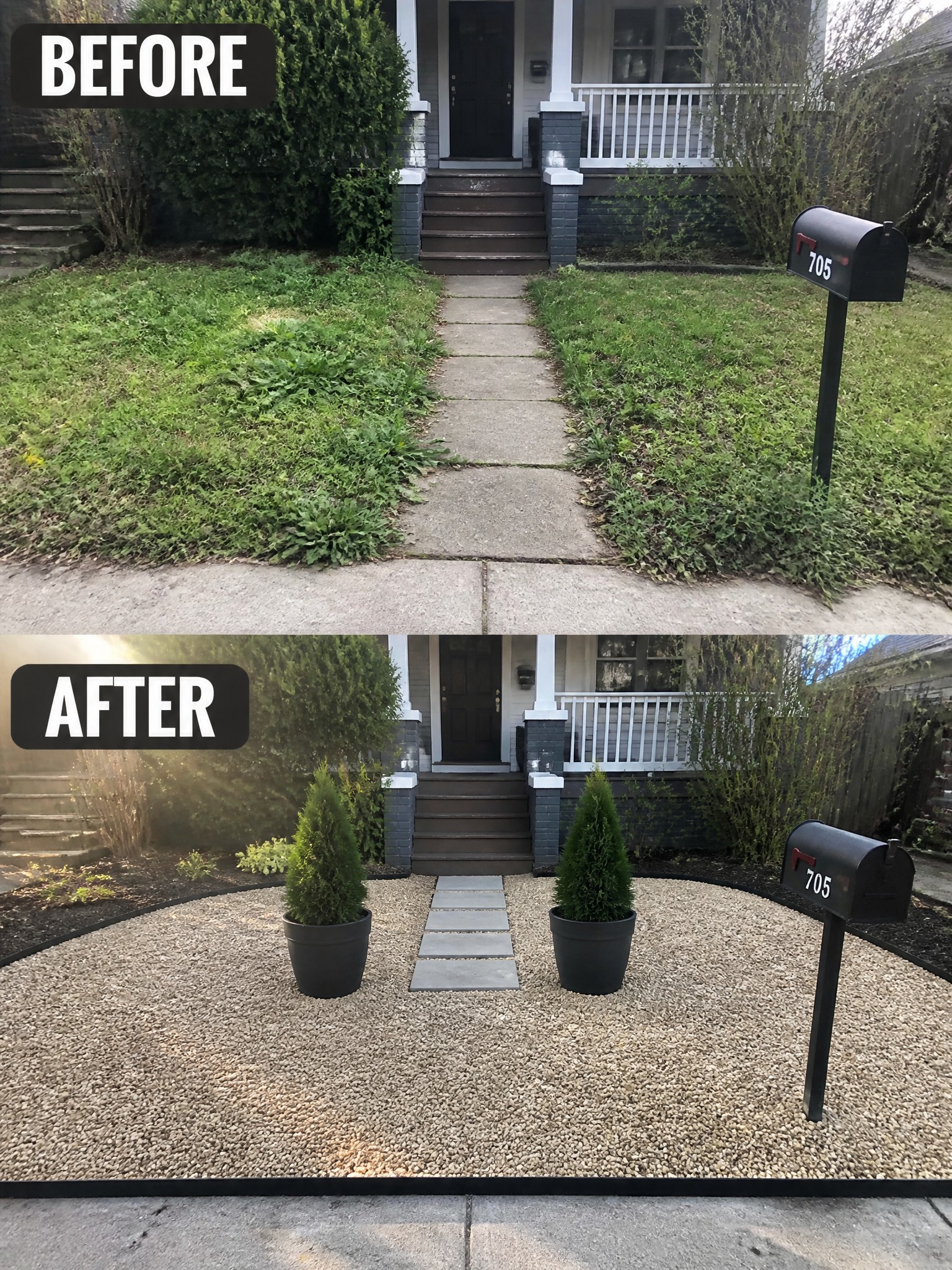 Before and after of front yard: overgrown lawn transformed into gravel with potted shrubs.