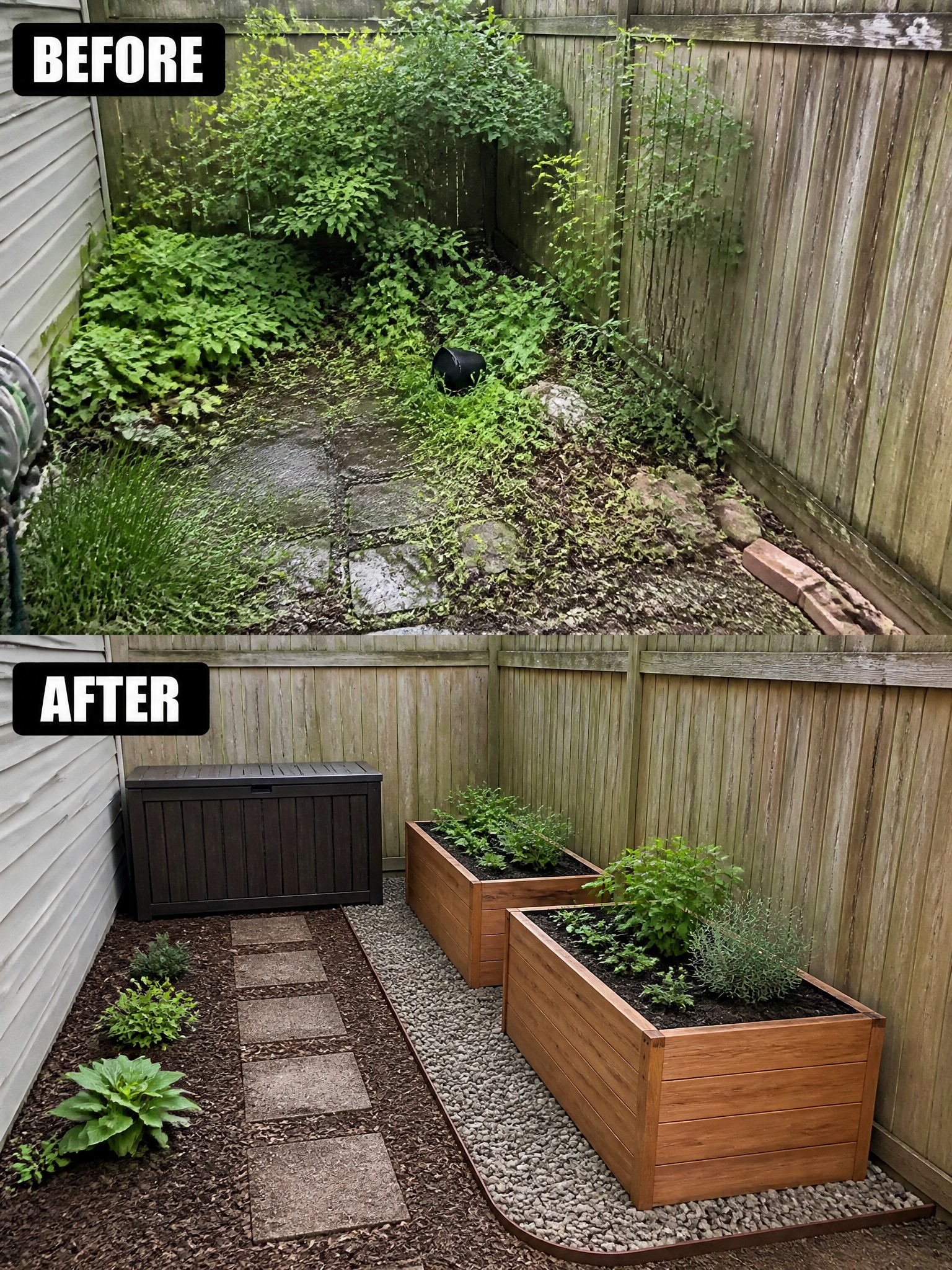 Before-and-after image of an overgrown backyard changed into a tidy space with raised wooden garden beds, a gravel path, and mulched planting areas.