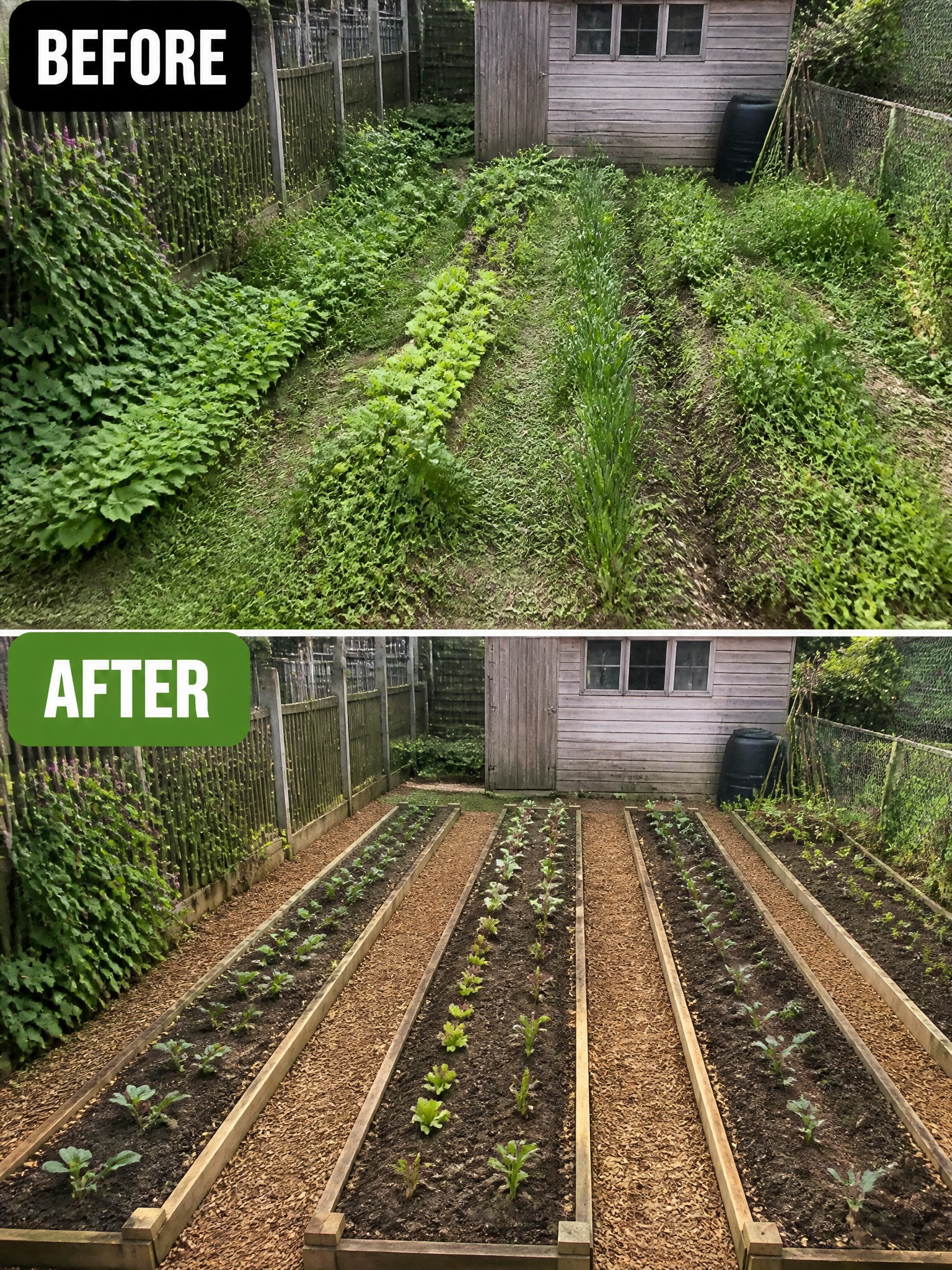 Before and after of overgrown garden transformed into neat raised beds with mulch.
