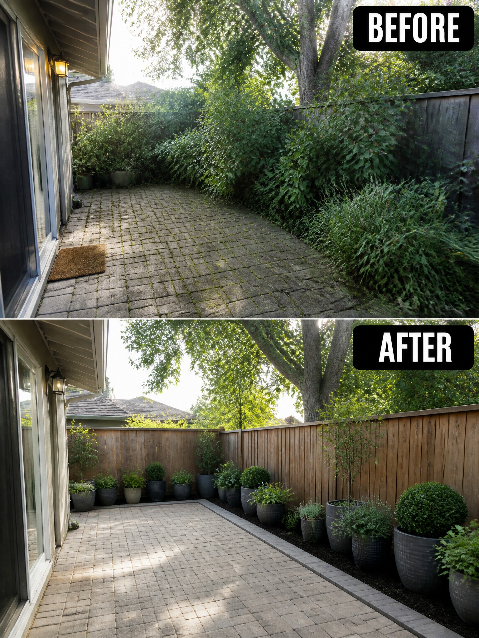 Before-and-after image of an overgrown backyard changed into a tidy paved space with a defined planting bed and row of potted plants along the fence.