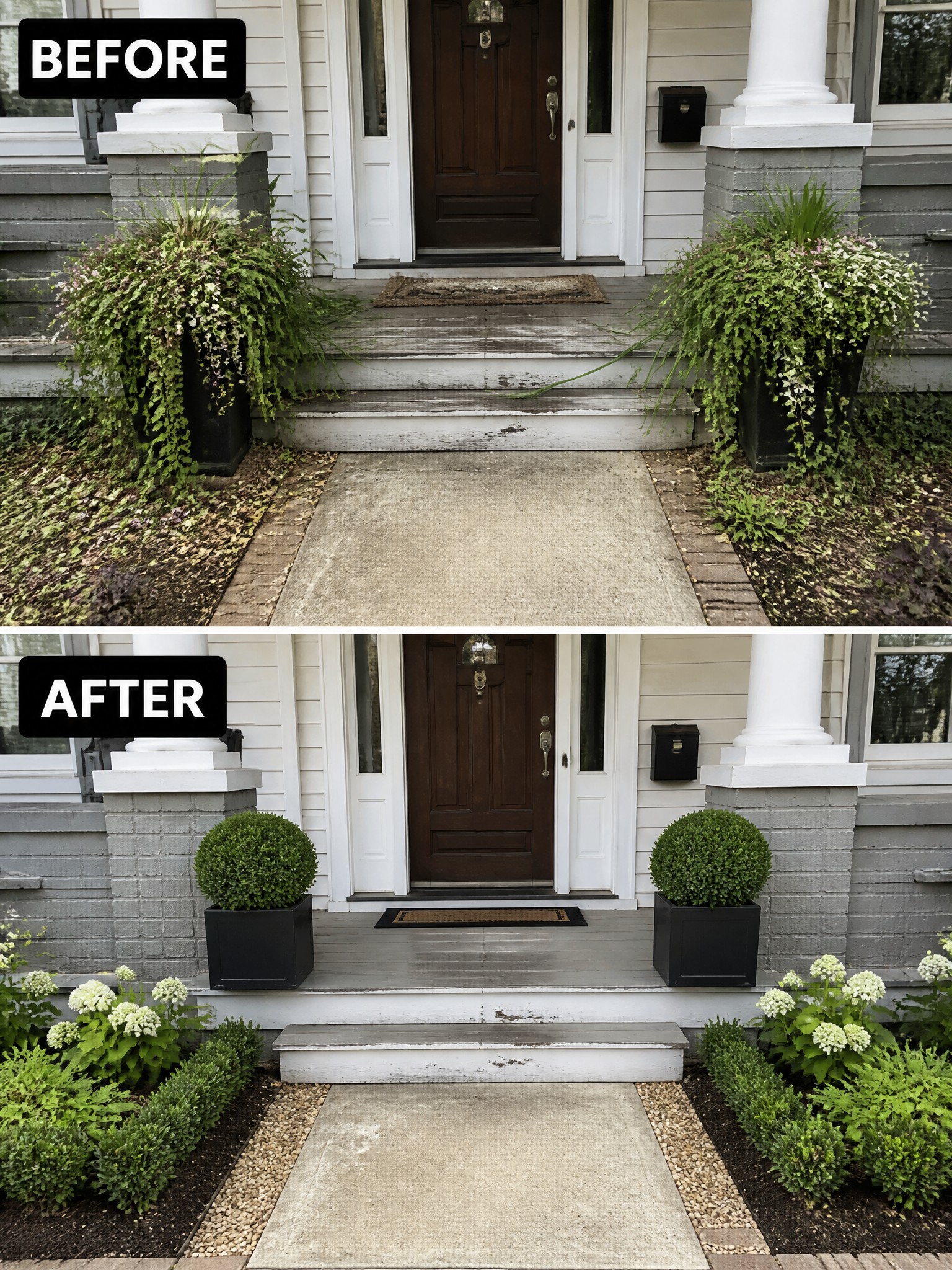 Before-and-after porch with wild trailing plants replaced by round shrubs and flowers.