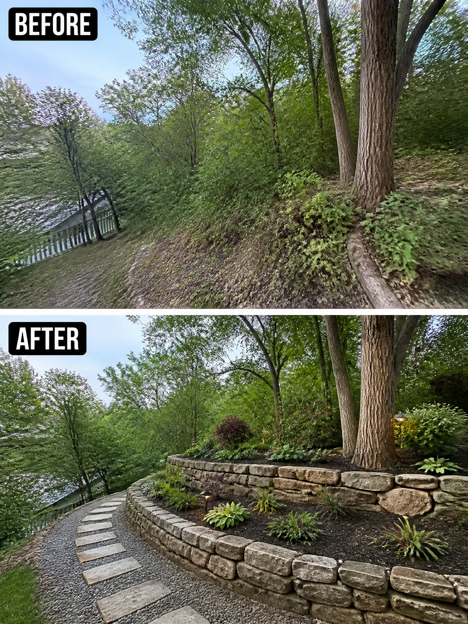Before and after of wooded hillside landscaped with stone retaining walls and garden beds.