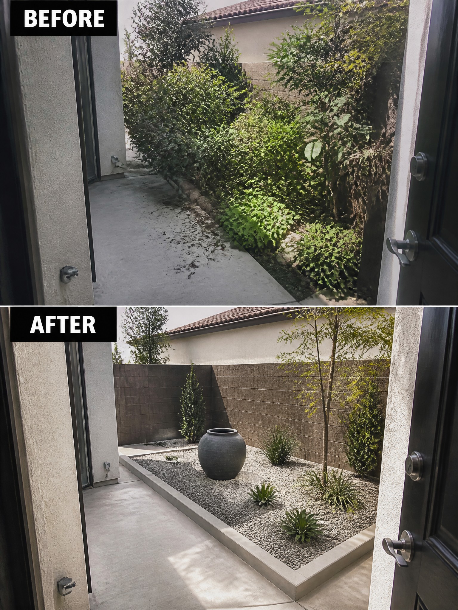 Before and after of overgrown patio transformed into minimalist gravel garden with pot and tree.