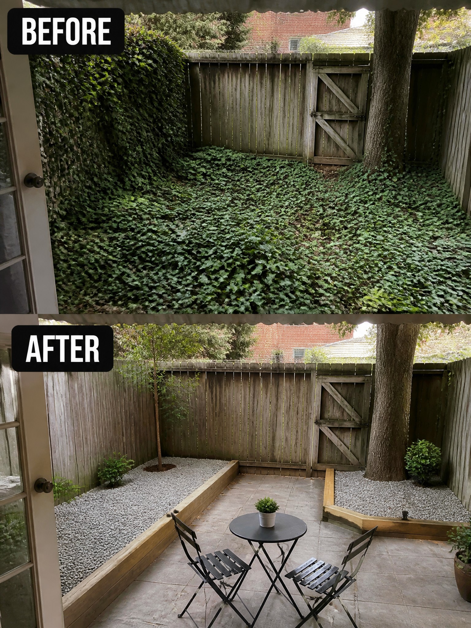 Before-and-after image of an overgrown backyard changed into a patio area with gravel beds, wooden borders, and seating.