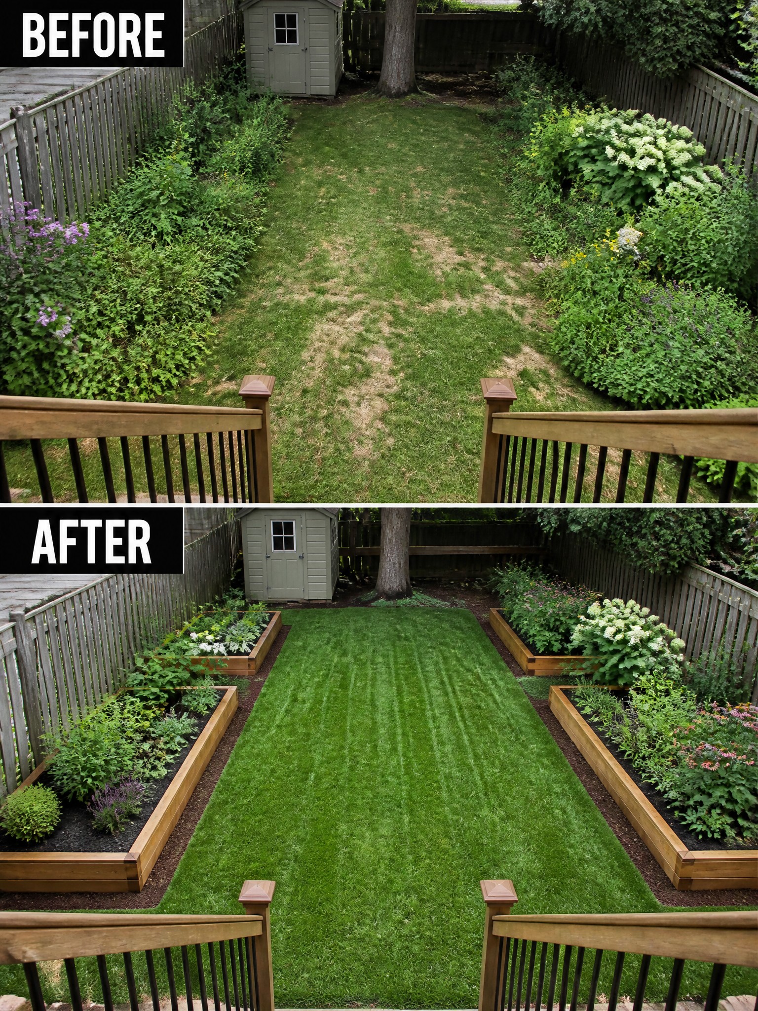 Before and after backyard with raised garden beds and manicured lawn