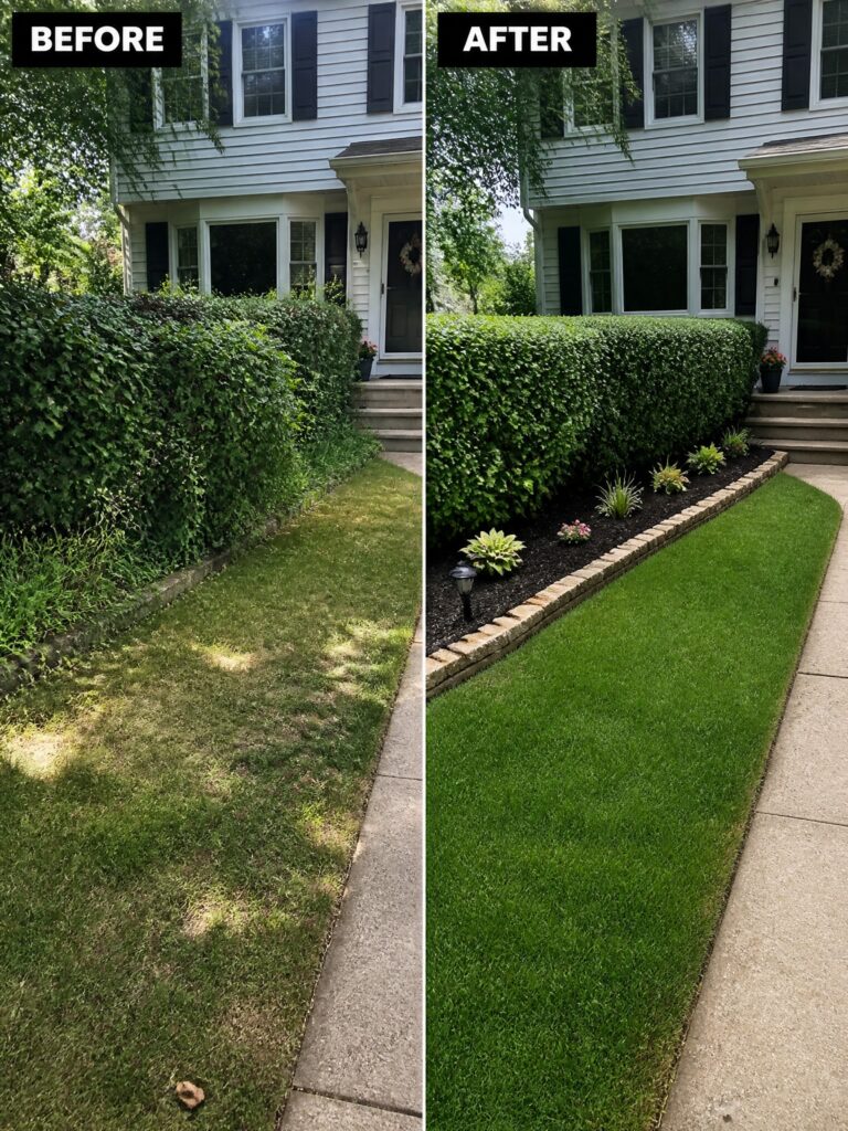 22 Smart Overgrown Yard Transformation Ideas With Clean Edges Before-and-after image of an overgrown front hedge and lawn changed into a neat lawn with a mulched garden bed bordered by stone.