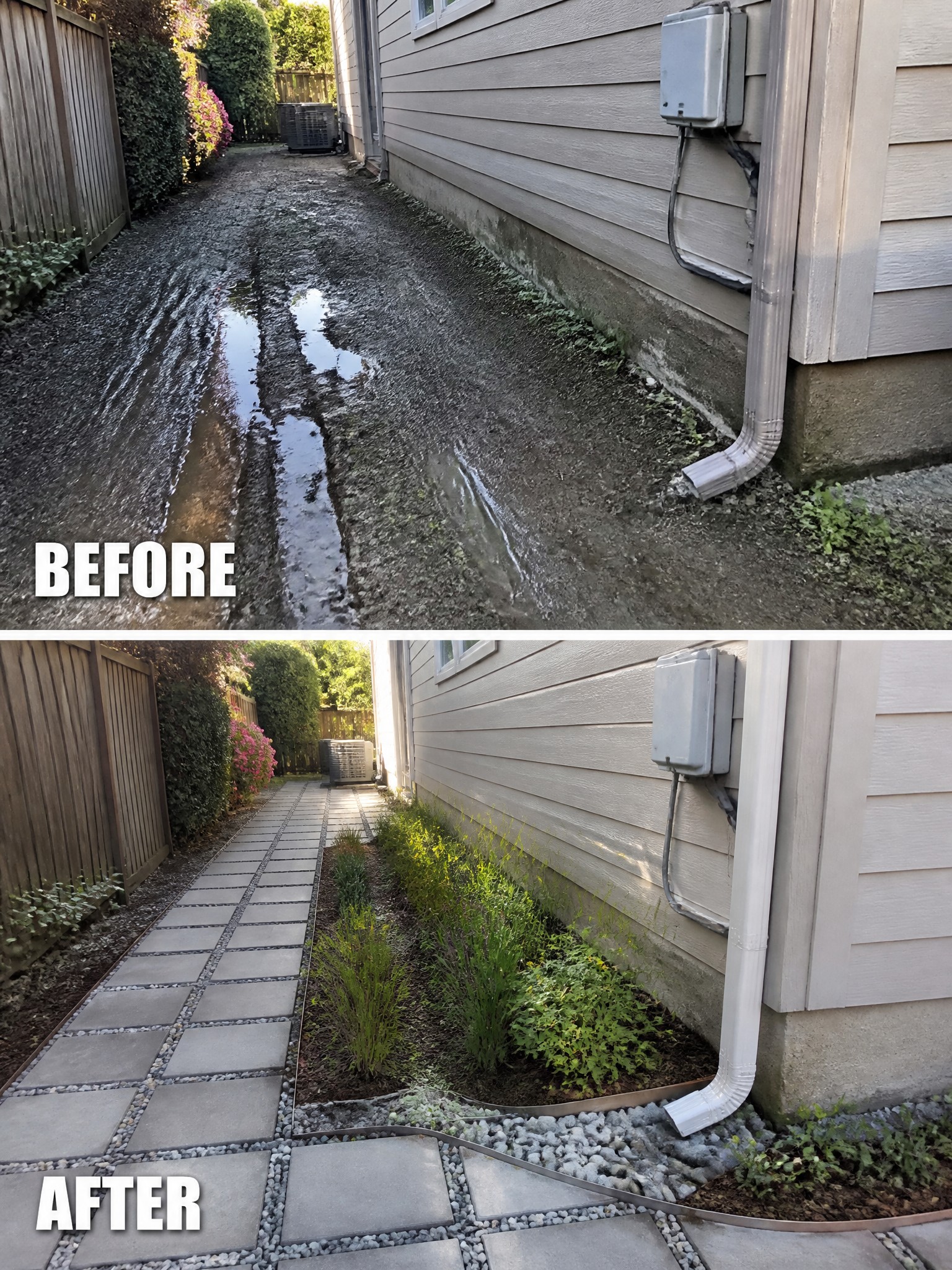 Before-and-after photos of muddy path transformed into stone walkway with garden beds