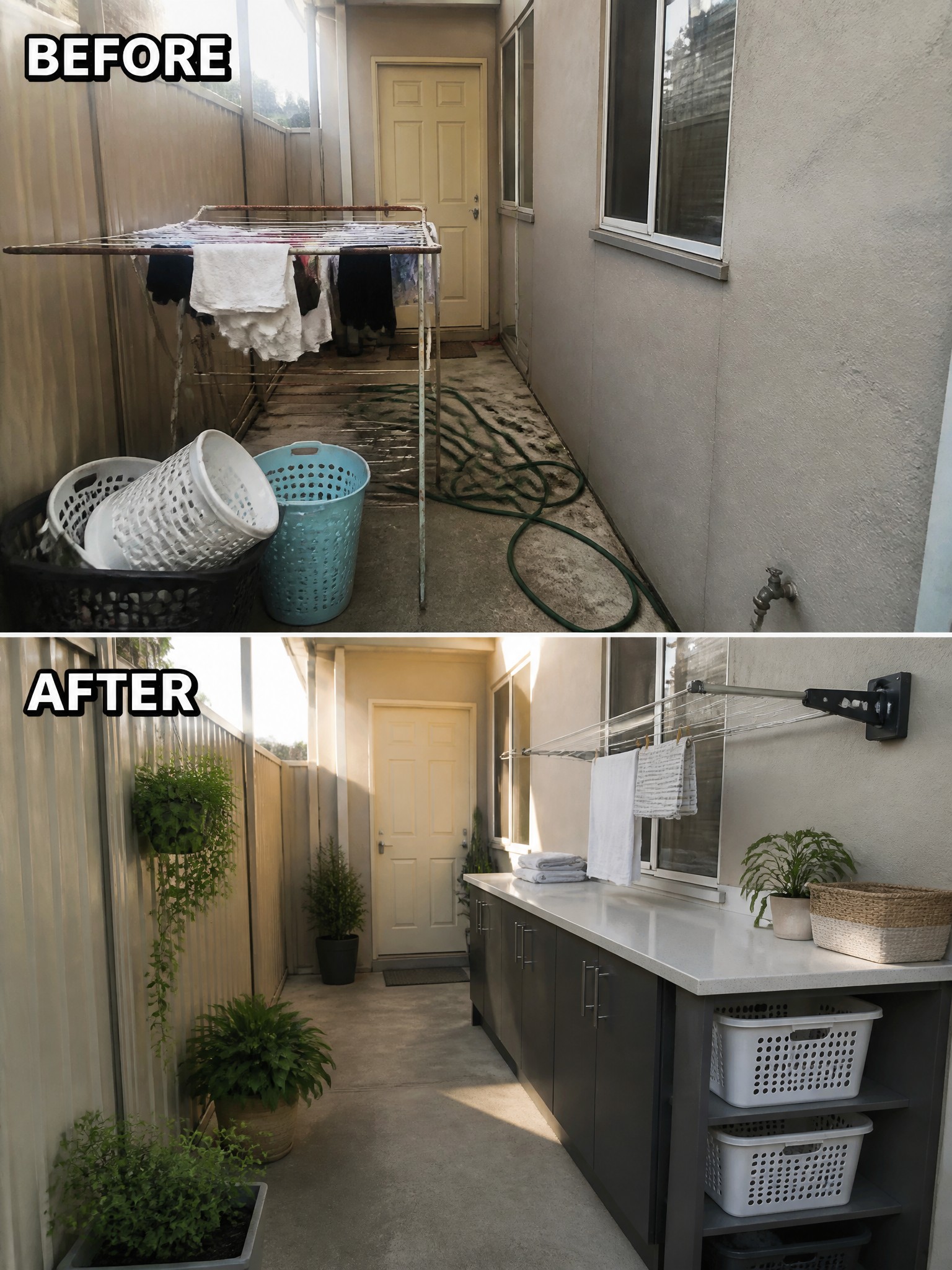 Before-and-after of cluttered outdoor laundry space transformed with wall rack, cabinets, and plants.