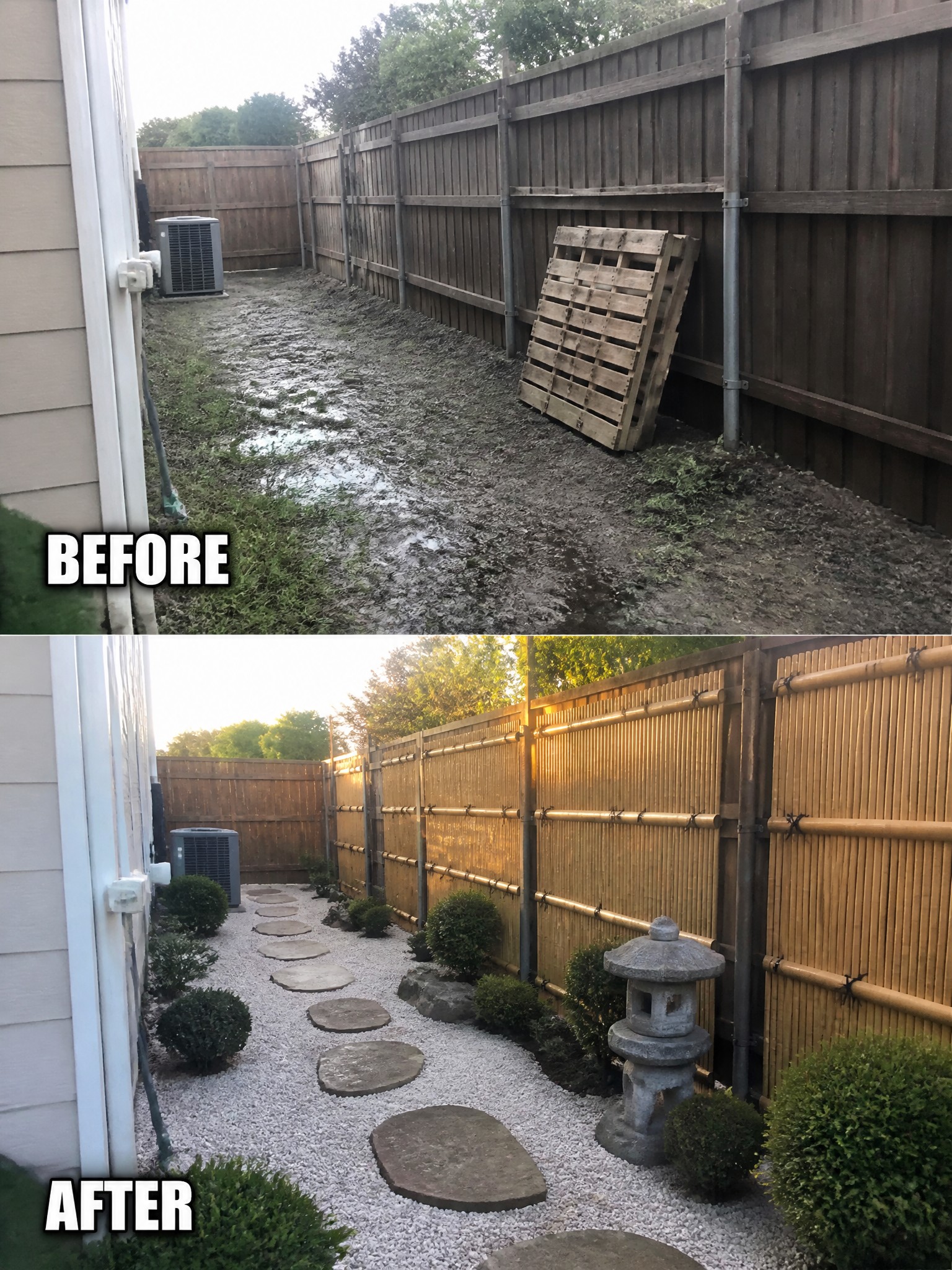 Before-and-after image of a muddy side yard transformed into a gravel path with stepping stones, bamboo fencing, and garden plants.