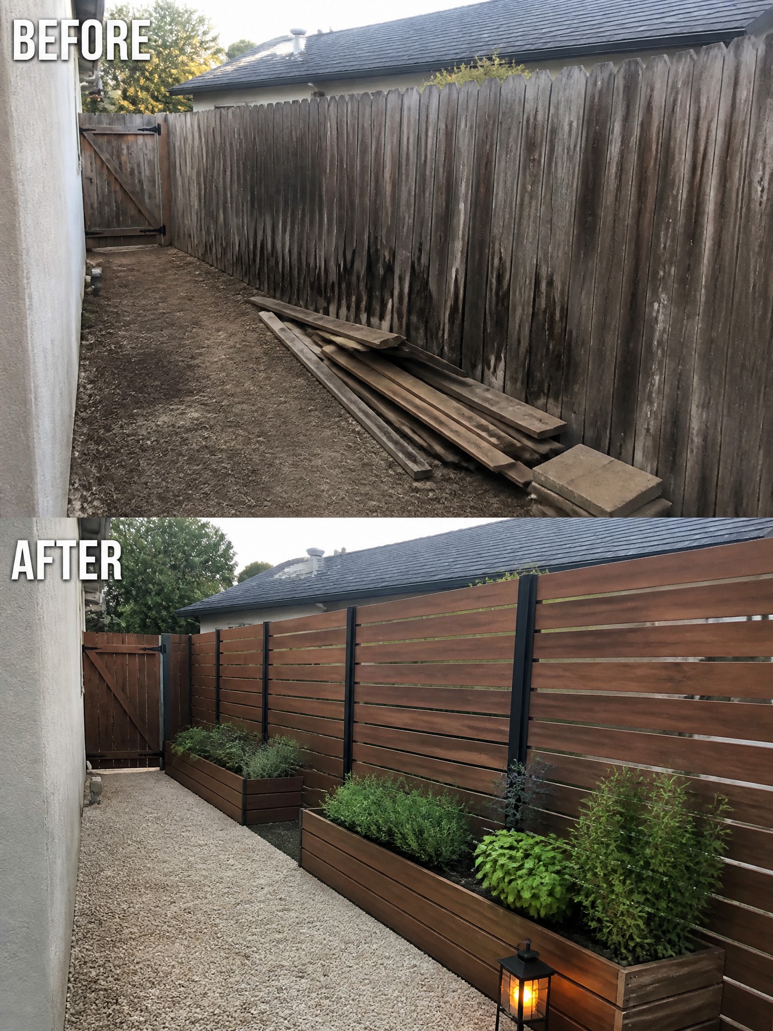 Before-and-after backyard fence makeover with modern planters and gravel path.