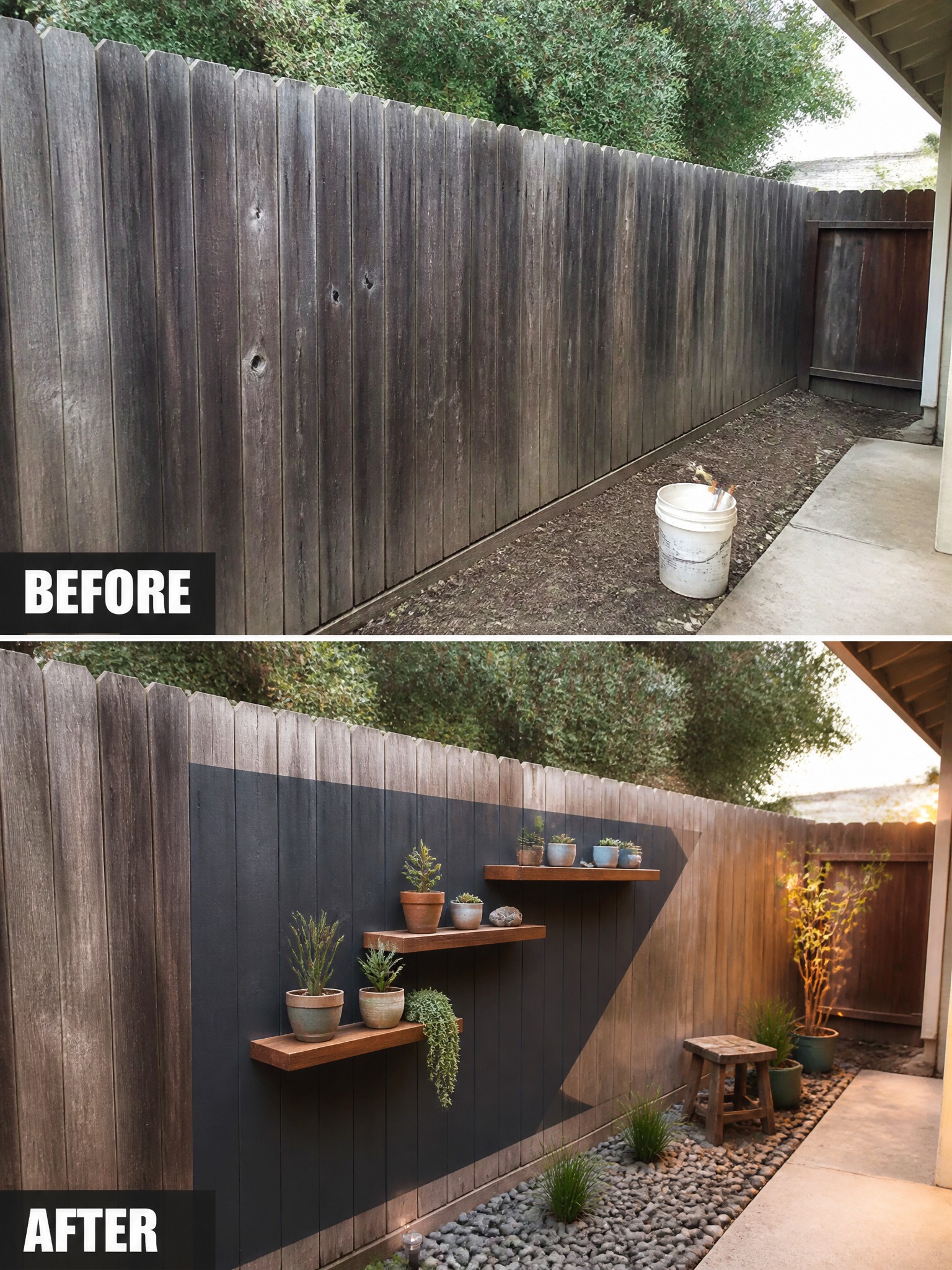 Before and after of wooden fence painted black with plant shelves and gravel