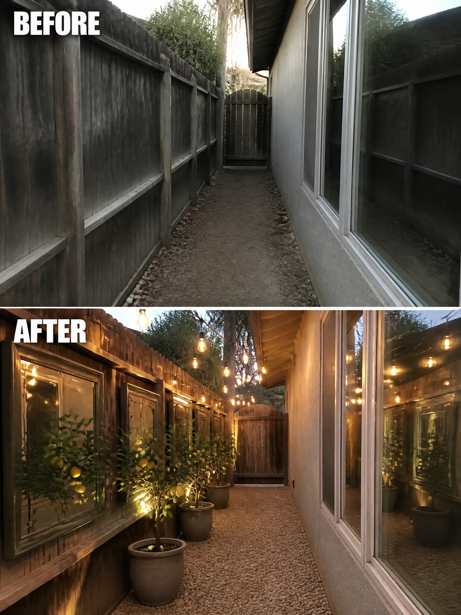 Before and after of alleyway with string lights, mirrors, and potted lemon trees.