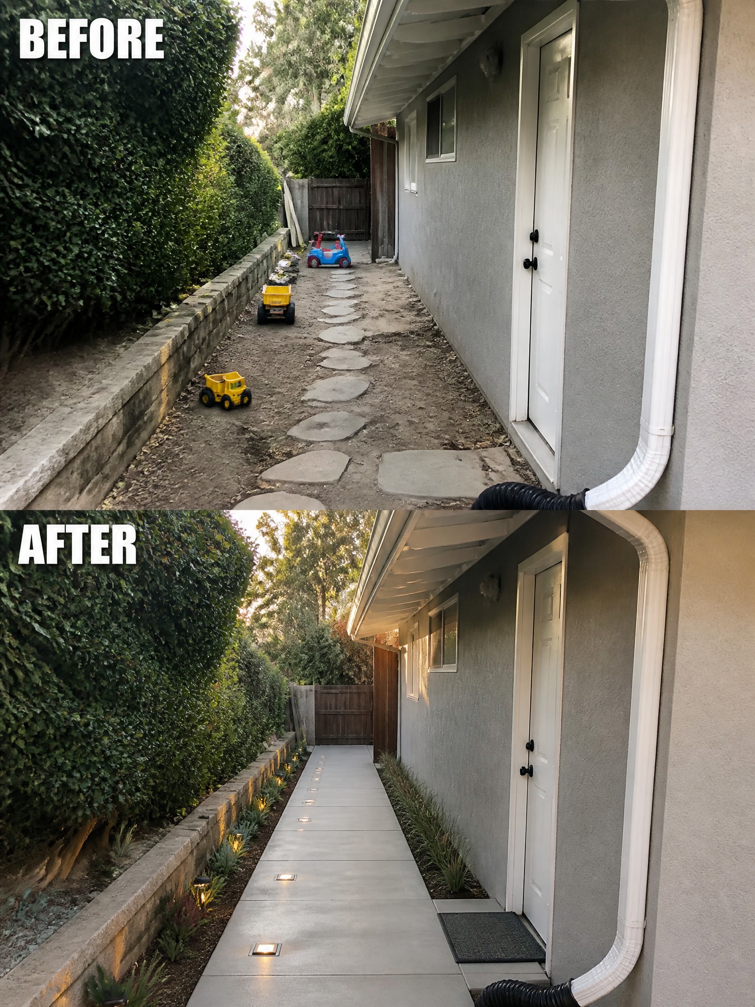 Before and after of side yard path transformed from dirt stones to lit concrete walkway