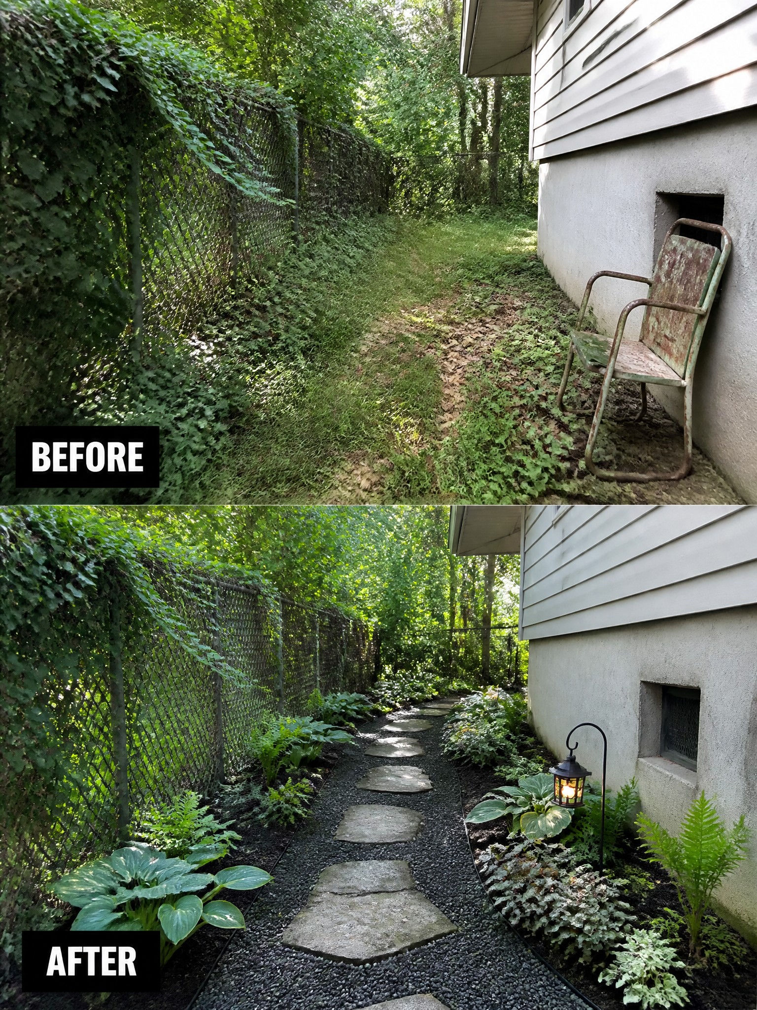 Before and after of overgrown fence path transformed into landscaped stone walkway garden.