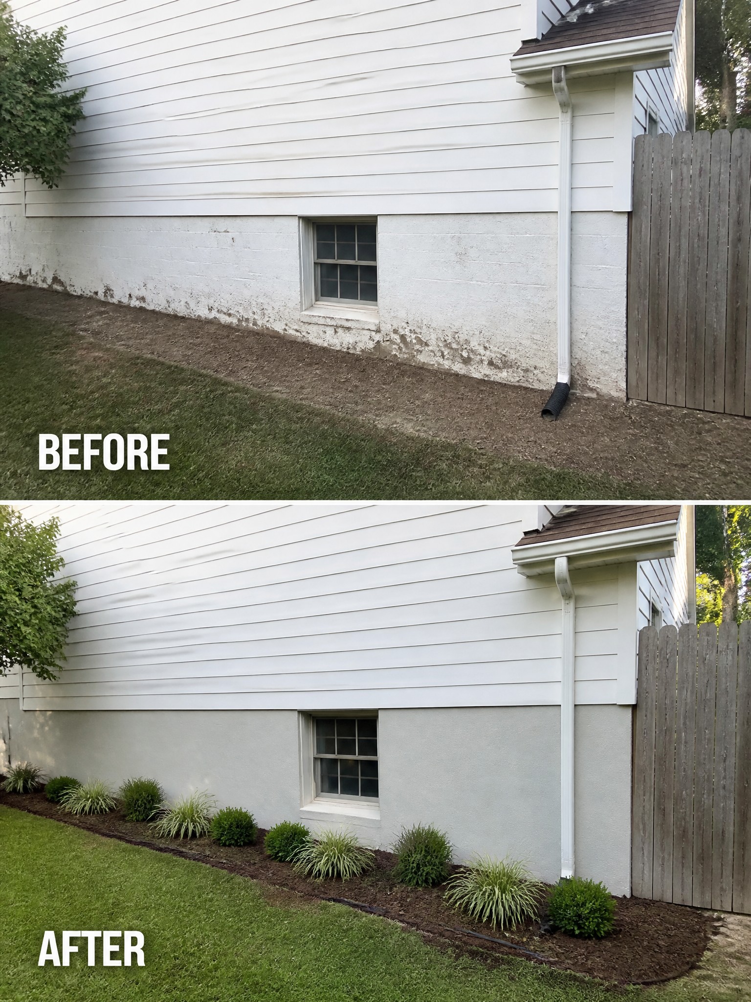 Before-and-after image of a house side yard changed from bare dirt and grass into a mulched garden bed lined with shrubs and ornamental grasses.