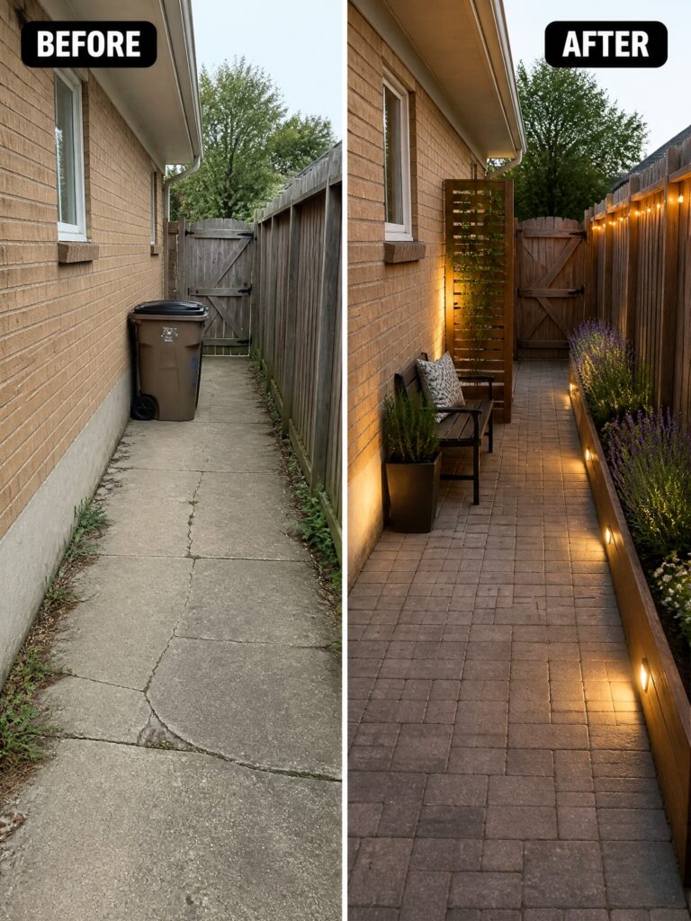 Before and after alley renovation with brick path, bench, planters, and lights