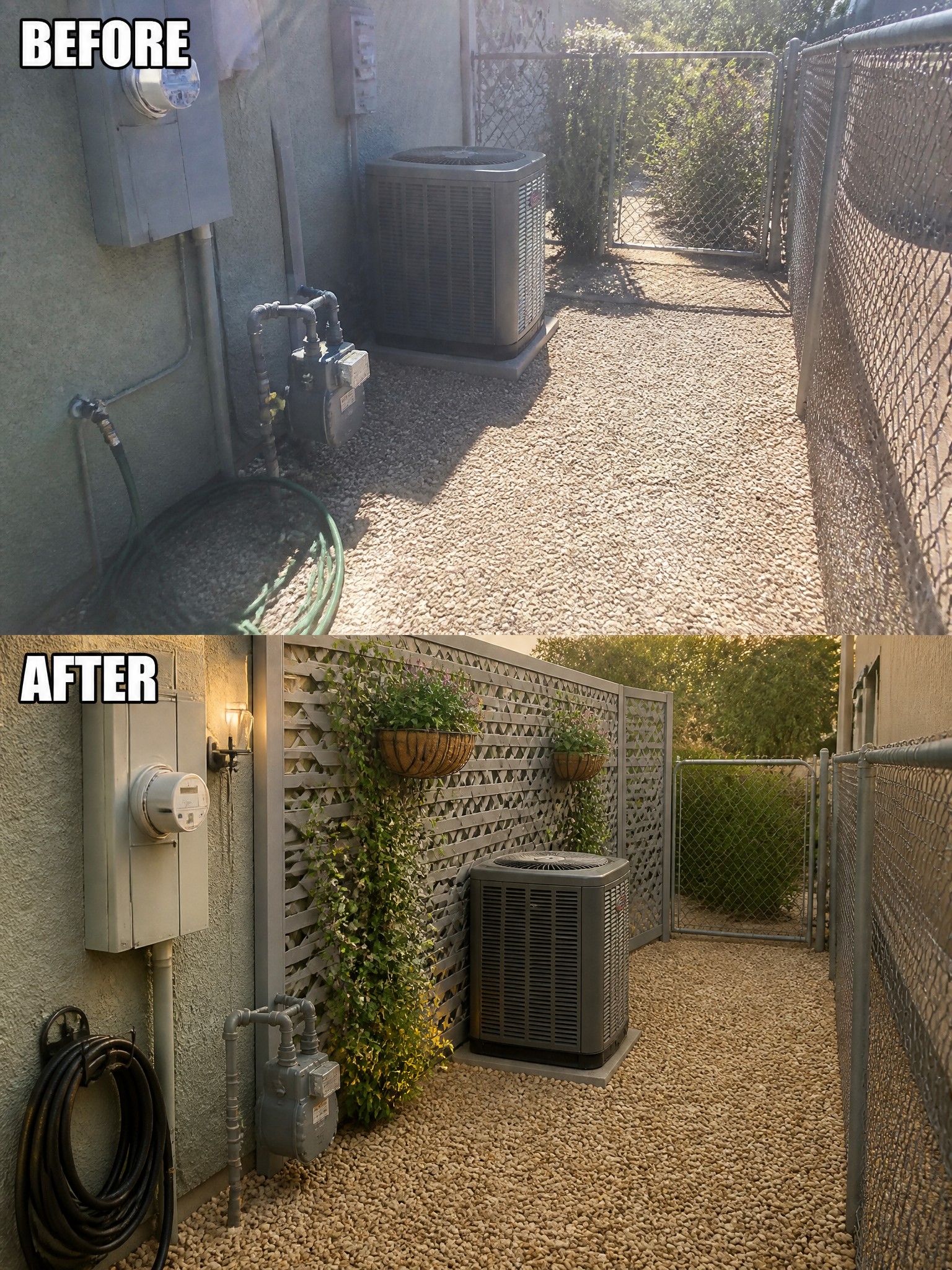 Before-and-after image of a side yard where exposed utility equipment is hidden behind a decorative lattice screen with hanging plants and vines.